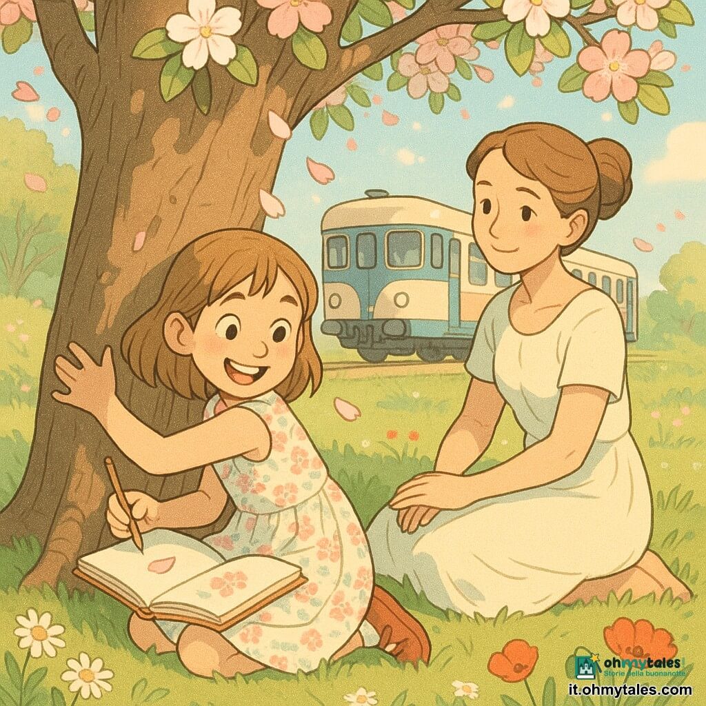 Bambina di 8 anni, meravigliata e gioiosa, capelli castano chiaro medi, occhi nocciola, vestito a fiori pastello, abbraccia un taccuino da disegno e accovacciata contro il tronco di un grande albero in fiore disegna un petalo che cade; la madre, circa 35 anni, sorriso tenero, capelli raccolti in uno chignon, abito leggero, seduta sull'erba accanto all'albero con sguardo benevolo; sullo sfondo un vecchio treno crema e blu fermo vicino a una piccola banchina erbosa; luogo: prato primaverile luminoso con erba verde, margherite e papaveri, albero fiorito rosa e bianco, cielo azzurro e raggi di sole filtranti; atmosfera: momento pacifico e magico con luci, ombre morbide e petali che svolazzano.