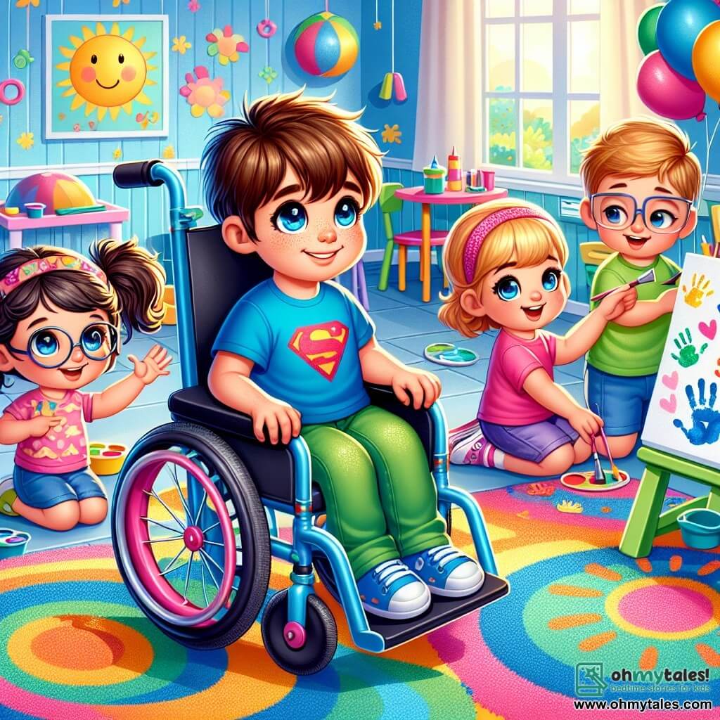 A 6-year-old boy named Jamie smiles with sparkling eyes of joy. He has messy brown hair and wears a bright blue t-shirt with a superhero pattern. Jamie is sitting in his shiny blue wheelchair, his hands on the large wheels, ready to move. Next to him, Sam, a 7-year-old boy with blond hair and glasses, uses a green walker. He smiles and looks at Jamie with enthusiasm. Mia, a 6-year-old girl with curly hair and a pretty pink headband, is making handprints on a large sheet of paper. Lucy, a 5-year-old girl with straight hair and a purple wheelchair, is painting yellow suns with a big brush. The scene takes place in a bright activity room filled with vibrant colors. Plush rugs, floating balloons, and scattered toys create a joyful and welcoming atmosphere. In this illustration, Jamie and his friends are working together to create a large colorful painting on the floor, each using their special tools to express their creativity. Colorful paint splashes add a touch of magic to their joyful collaboration.