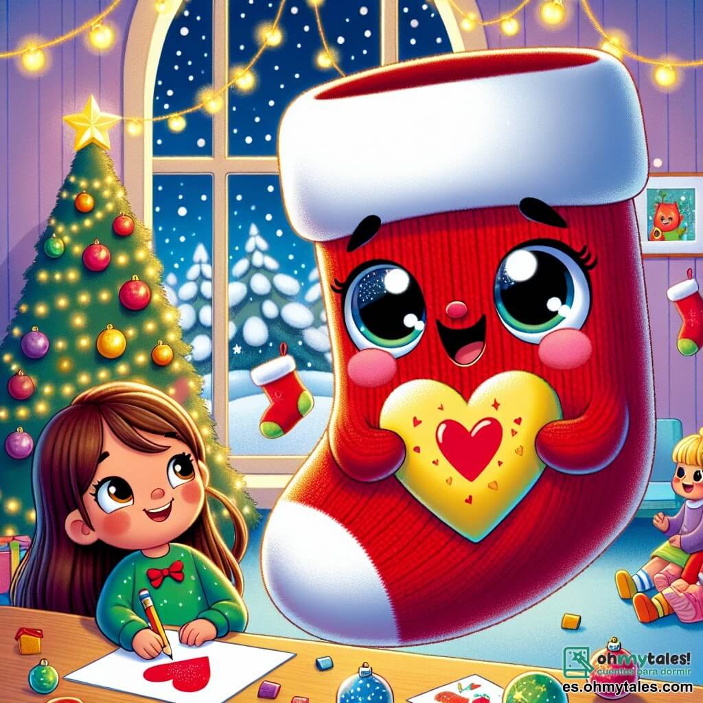 Un pequeño calcetín rojo llamado Calcetínito, con un gran corazón dibujado, sonríe alegremente mientras sostiene una tarjeta de Navidad colorida en sus manos. Sus ojos brillan de emoción mientras se encuentra en el centro de la escena. A su lado, una niña llamada Sofía, con largos cabellos castaños y un vestido verde, mira a Calcetínito con asombro, sus mejillas sonrojadas de alegría. Ella sostiene un lápiz en su mano, lista para escribir un mensaje en una tarjeta. Al fondo, un aula acogedora está decorada con guirnaldas luminosas y un gran árbol de Navidad adornado con bolas coloridas y estrellas brillantes. Copos de nieve caen suavemente por la ventana, añadiendo un toque mágico al ambiente. La escena principal muestra a Calcetínito y Sofía rodeados de sus amigos, todos cantando villancicos y creando tarjetas, llenos de alegría contagiosa y espíritu de compartir.