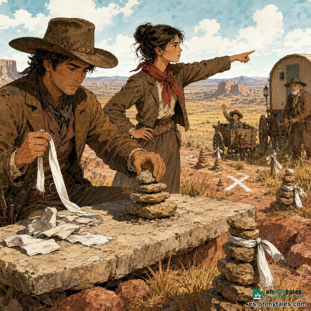 Un hombre (protagonista) mira la pista desde una mesa de piedra, rostro concentrado, traje de vaquero marrón polvoriento, sombrero ancho, botas de cuero desgastadas, sostiene una tira de tela blanca y coloca una pila de piedras; a su derecha Marta (aprox. 18 años), con pañuelo rojo y chaqueta gastada, señala con decisión el paso seguro hacia el horizonte; al fondo un hombre mayor cerca de una caravana, barba gris y sombrero, y un niño agita la mano desde una carreta; escena en una amplia meseta de piedra sobre praderas doradas y rocas rojizas, cielo claro con pocas nubes, la pista muestra cintas blancas, montículos de piedras y una gran X en un sendero peligroso; situación: el vaquero refuerza señalizaciones mientras Marta indica el paso seguro y la caravana se acerca; plano medio, tinta y color, texturas de piedra y tela, paleta cálida (ocre, marrón, rojo) con acentos blancos.