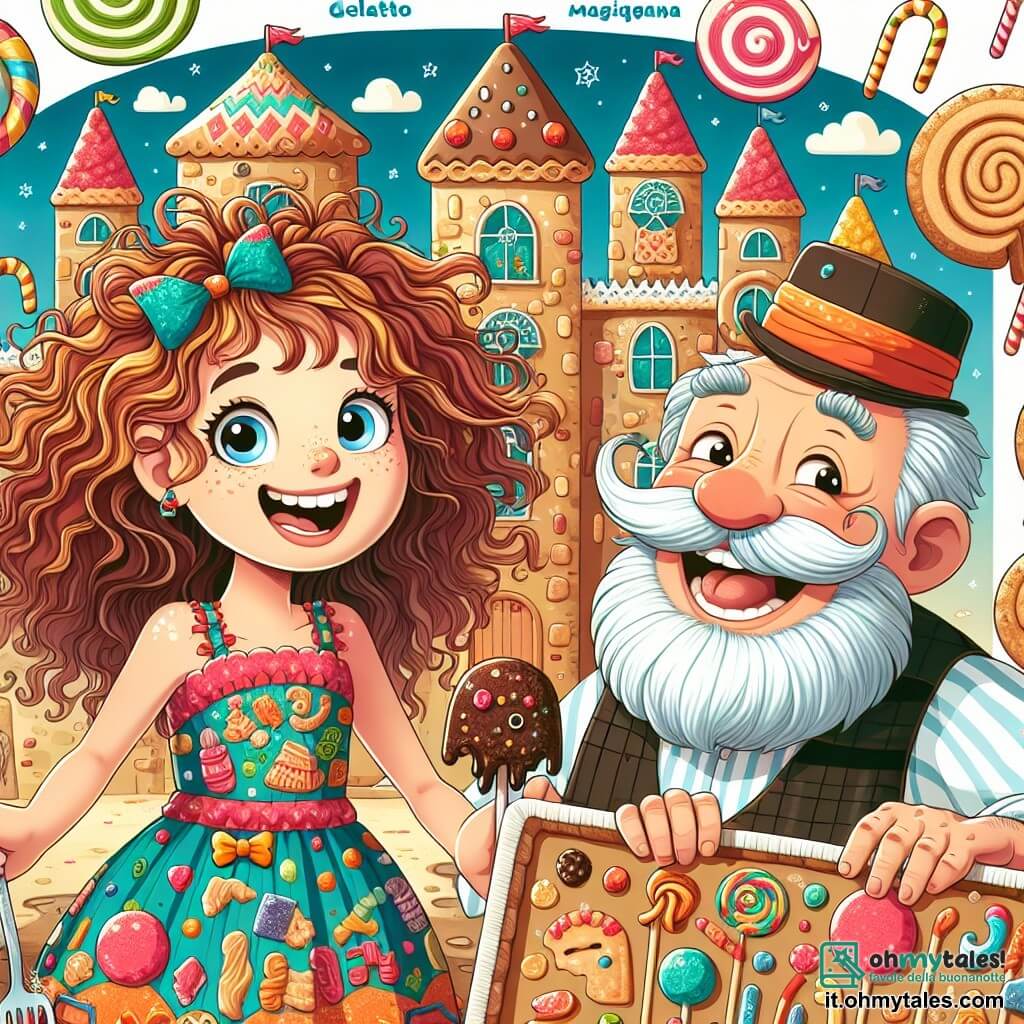 Una ragazza di 12 anni, Livia, con capelli ricci e spettinati, un grande sorriso sul volto, si trova al centro dell'immagine, tenendo una scarpa di gelato al cioccolato in una mano. Indossa un vestito colorato decorato con motivi di caramelle e ha occhi scintillanti di meraviglia. Accanto a lei, Mastro Spaghetto, un uomo anziano con un cappello di spaghetti, un volto allegro e un baffo a forma di forchetta, ride mostrando una mappa del tesoro di carta colorata. Sono entrambi davanti a un castello di biscotti, con muri di pan di zenzero e finestre di zucchero filato, circondati da alberi a forma di lecca-lecca giganti. La scena principale mostra Livia e Mastro Spaghetto mentre scoprono il tesoro nascosto all'interno del castello, mentre un drago di marzapane, addormentato accanto, emette bolle di zucchero filato.