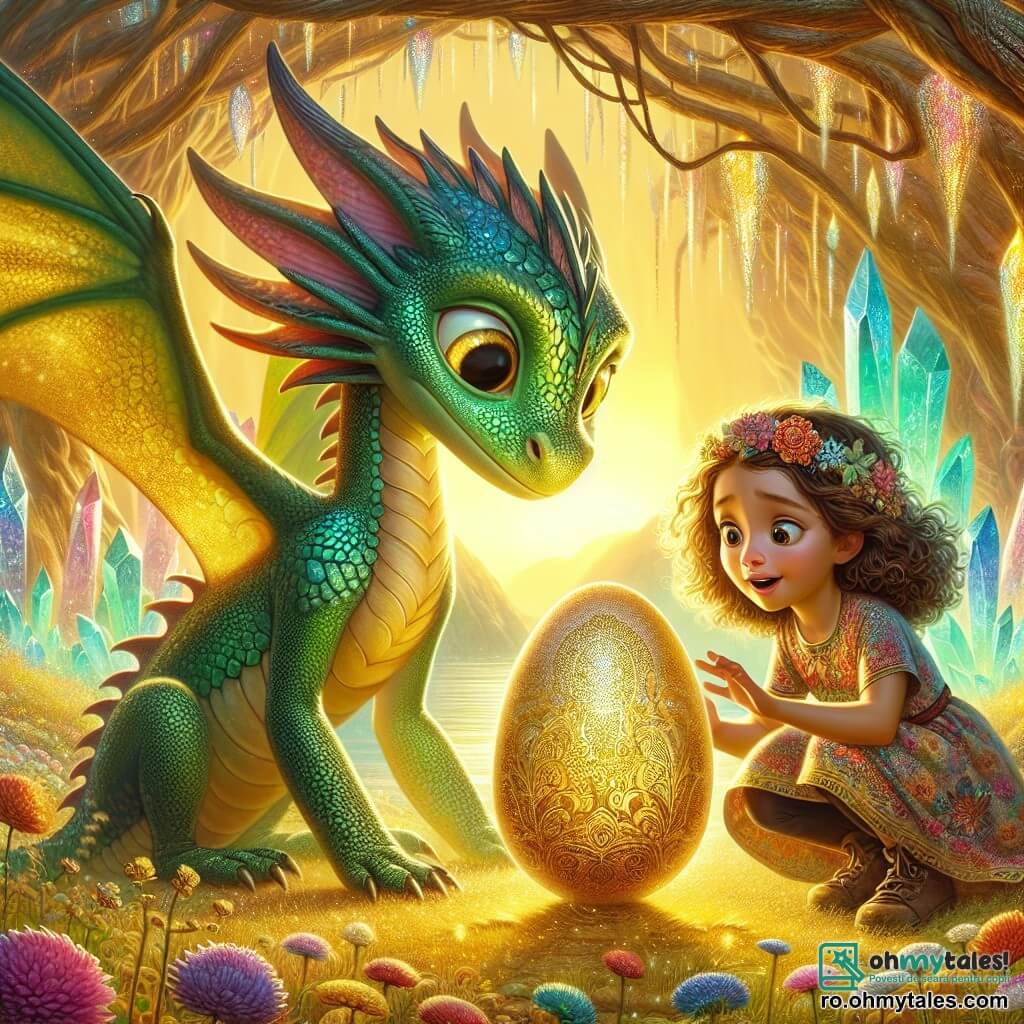 Un dragon cu solzi de smarald, Drago, stă mândru în centrul scenei, cu ochii săi mari și aurii strălucind de excitație și curiozitate. Aripile sale delicate, împodobite cu motive strălucitoare, sunt desfăcute, iar el privește cu bunătate un ou de dragon auriu care pulsează ușor la picioarele sale. Lângă el, Mara, o fetiță de 8 ani cu părul castaniu și buclat, poartă o rochie colorată cu motive florale. Ea se apleacă lângă ou, cu un zâmbet uimit pe față, cu mâinile întinse spre coaja strălucitoare, pregătită să întâmpine noul dragon. Decorul este o vale magică, luminată de razele aurii ale dimineții, cu copaci cu trunchiuri răsucite și flori multicolore care dansează în vânt. Cristale strălucitoare ies din pământ, reflectând culorile curcubeului în aerul proaspăt și pur. Situația principală arată cum Drago și Mara veghează împreună asupra oului de dragon, în timp ce o briză blândă face să plutească petale de flori în jurul lor, creând o atmosferă de magie și uimire.