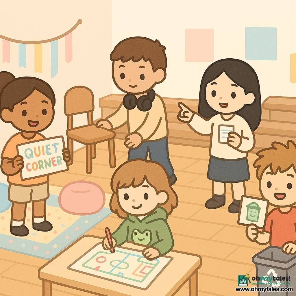 12-year-old Maya, expressive smiling face, caramel skin, brown ponytail, holding a colorful "QUIET CORNER — OPTIONAL" sign with calm gestures; 12-year-old Noor, fair skin, loose black hair, encouraging expression, holding cards and pointing to a drawn arrow toward the queue; ~14-year-old Jaden, short hair, headphones around his neck, steady calm gaze, arranging chairs to mark a quiet corner beside Maya; ~11-year-old Carter, energetic, tousled hair, making a small sign with a smiling trashcan by the sorting point; ~11-year-old Lila, green hoodie with a frog print, drawing a colorful map of the gym on a sheet on a table; bright school gym with varnished wooden floor, bleachers, wall posters, pastel paper signs at child height, pouf seats and rug area marked by tape; the team actively organizing a "Lunch Landing"—clear signs and arrows, restrained smiles, a few students approaching the quiet corner calmly, reassuring collaborative atmosphere.