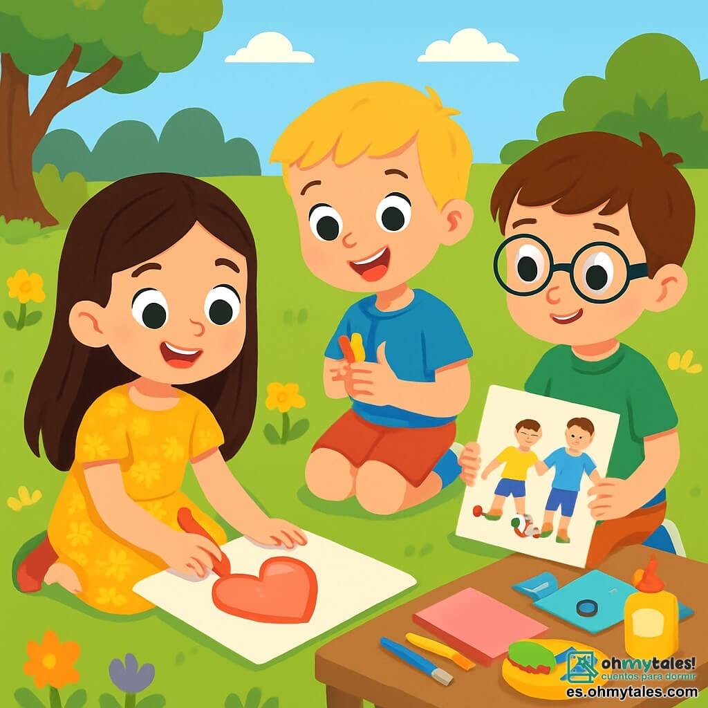 Hay 3 personajes: - Sofía: una niña de 8 años, con largos cabellos castaños y ojos brillantes. Lleva un vestido amarillo con flores y está sentada en el suelo, sonriendo, dibujando un gran corazón en una hoja. - Lucas: un niño de 7 años, con cabello corto y rubio, lleva una camiseta azul y un short. Está al lado de Sofía, sosteniendo lápices de colores y mirando su dibujo con entusiasmo. - Mateo: un niño de 8 años, con cabello castaño y gafas. Lleva pantalones cortos y una camiseta verde. Está un poco apartado, concentrado en su dibujo de un partido de fútbol con su papá. La escena tiene lugar en el jardín soleado de Sofía, lleno de flores coloridas y árboles verdes. Una gran zona de césped se extiende frente a ellos, y una mesa de manualidades está llena de suministros coloridos, como papeles, tijeras y pegamento. La situación principal muestra a los tres amigos creando tarjetas para el Día del Padre, rodeados de risas y creatividad, con dibujos y mensajes de amor para sus papás, todo bajo un cielo azul brillante.