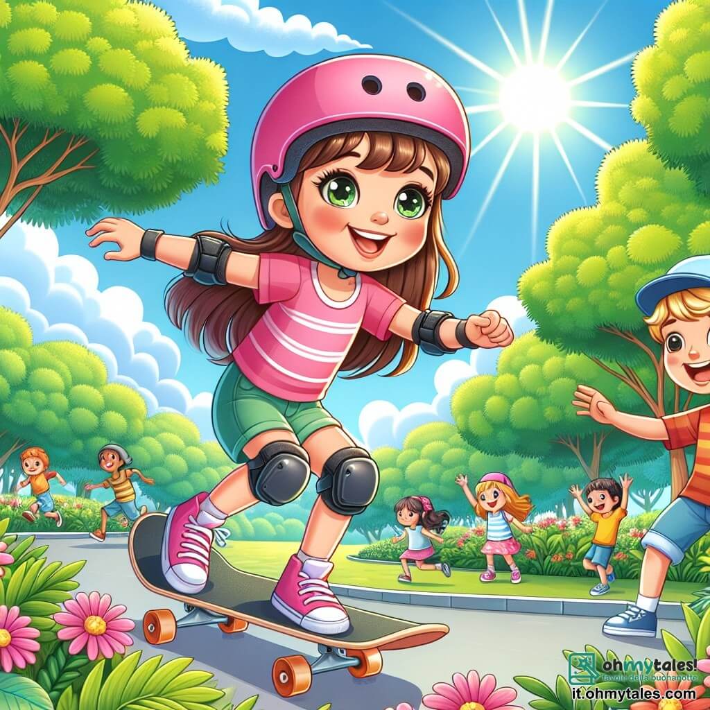 Una bambina di 6 anni, Sofia, con lunghi capelli castani e occhi brillanti, sta facendo skateboard in un parco soleggiato. Indossa un casco rosa e ginocchiere, il suo viso irradia gioia e determinazione mentre si prepara a fare un salto. Accanto a lei, Marco, un ragazzo di 7 anni con capelli biondi e un berretto blu, la incoraggia con un grande sorriso, tenendo il suo skateboard sotto il braccio. Il parco è pieno di verde, con alberi alti e fiori colorati che costeggiano il sentiero. Sullo sfondo, altri bambini giocano e si divertono, creando un'atmosfera gioiosa e dinamica. Sofia, piena di energia e coraggio, si lancia in un salto audace, pronta a mostrare a tutti i suoi progressi con lo skateboard, mentre Marco la incoraggia con entusiasmo.
