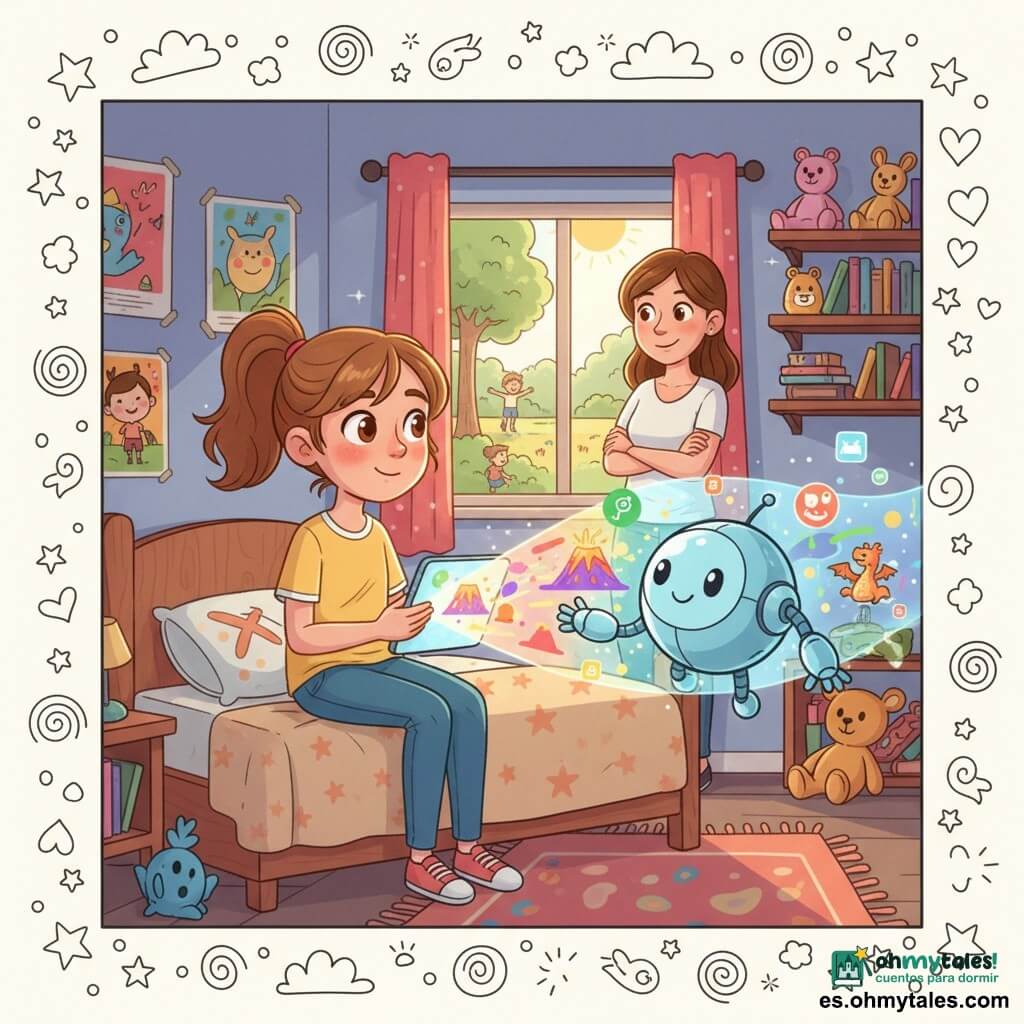 Niña de 10 años, maravillada pero pensativa, con grandes ojos brillantes, pelo castaño en coleta, camiseta amarilla y vaqueros, sentada al borde de su cama de madera sosteniendo una tableta luminosa que proyecta colores vivos; un pequeño robot llamado Pixel aparece parcialmente en la tableta y en la habitación, diseño redondeado y amistoso, superficie metálica azul claro, gestos acogedores hacia la niña; la madre, unos 35 años, está en el marco de la puerta, sonriente y benévola, ropa informal, brazos cruzados a pocos pasos detrás; por la ventana se ve un parque con niños jugando y árboles bajo un cielo azul y entra una franja de luz solar cálida; la habitación es colorida con pósters, estantes con libros, peluches y una alfombra con motivos; la tableta proyecta elementos digitales (volcán colorido, dragón dibujado, burbujas de iconos) que se derraman en estilo dibujo animado en la habitación; momento de transición entre mundo digital y real: la niña duda pero sonríe, contraste entre la luz fría de la pantalla y la luz cálida exterior, composición dinámica, paleta viva y contrastada, líneas suaves y estilo ilustrativo infantil con atmósfera optimista y equilibrada.