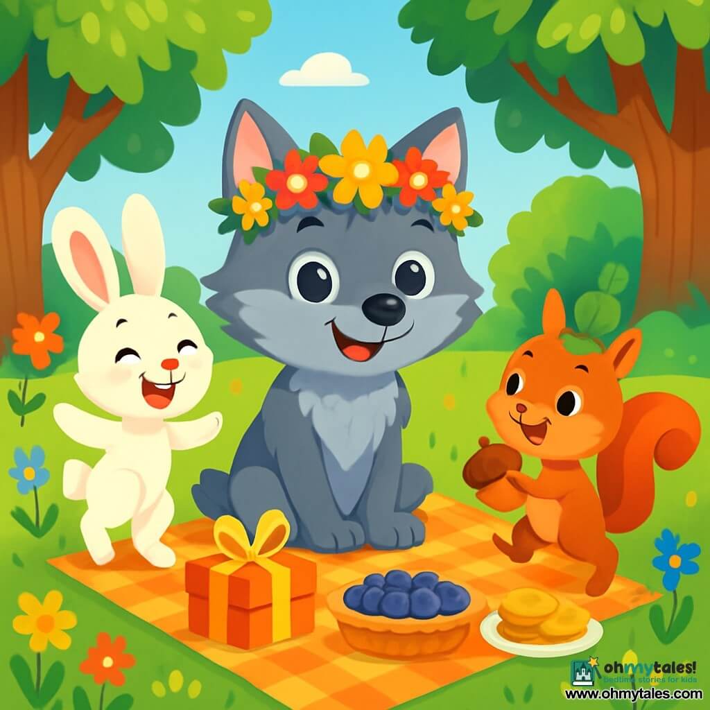 A small wolf with sparkling eyes and soft gray fur, wearing a crown of colorful flowers, smiles in wonder. He is sitting on a checkered blanket, surrounded by his new animal friends. Next to him, a cheerful little bunny with big ears and white fur dances on her hind legs, beaming with a bright smile and joyful eyes. A mischievous squirrel, with a bushy tail and a little leaf hat, performs pirouettes while holding an acorn. The setting is a sunny clearing, bordered by majestic trees with vibrant green leaves, and colorful wildflowers swaying in the breeze. In the center, a large checkered blanket is spread out, filled with treats like blueberry pies and golden cookies. The main scene shows the little wolf celebrating his birthday surrounded by his animal friends, laughing and sharing gifts, creating an atmosphere of joy and friendship.