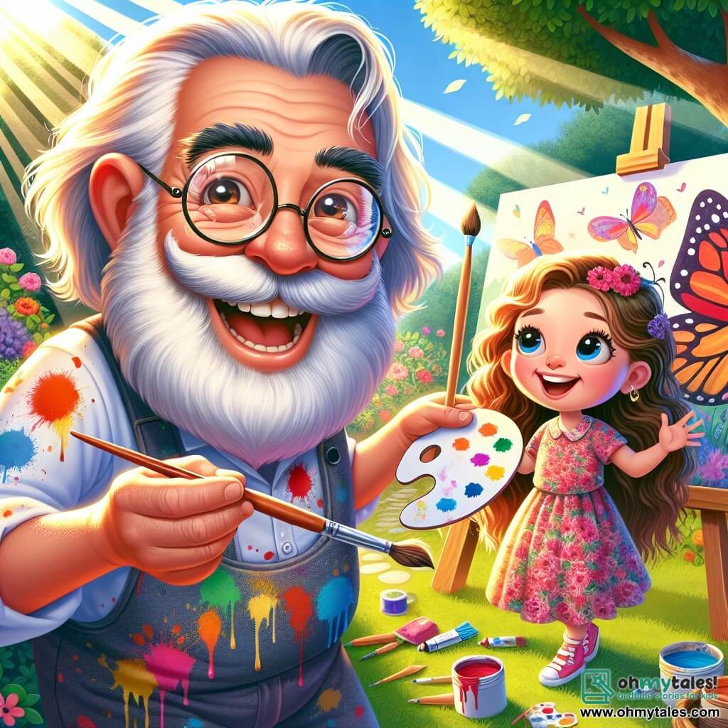 An elderly man, Mr. Painter, with a long white beard and round glasses, smiles joyfully. He wears a colorful shirt splattered with paint and holds a brush in one hand, while showing a vibrant canvas full of colors. His eyes sparkle with enthusiasm, reflecting his passion for art. Next to him, an 8-year-old girl, Lily, with curly brown hair, looks on in wonder. She wears a floral dress and holds a small sketchbook in her hands. Her face is lit up by a big smile as she prepares to paint a beautiful butterfly. The scene takes place in a sunny garden filled with colorful flowers and lush trees. Sun rays filter through the leaves, creating dancing shadows on the ground. Brushes and paint pots are scattered around them on the grass. In this main situation, Mr. Painter and Lily joyfully collaborate to create a piece of art, mixing bright colors to bring a butterfly to life, symbolizing friendship and creativity.