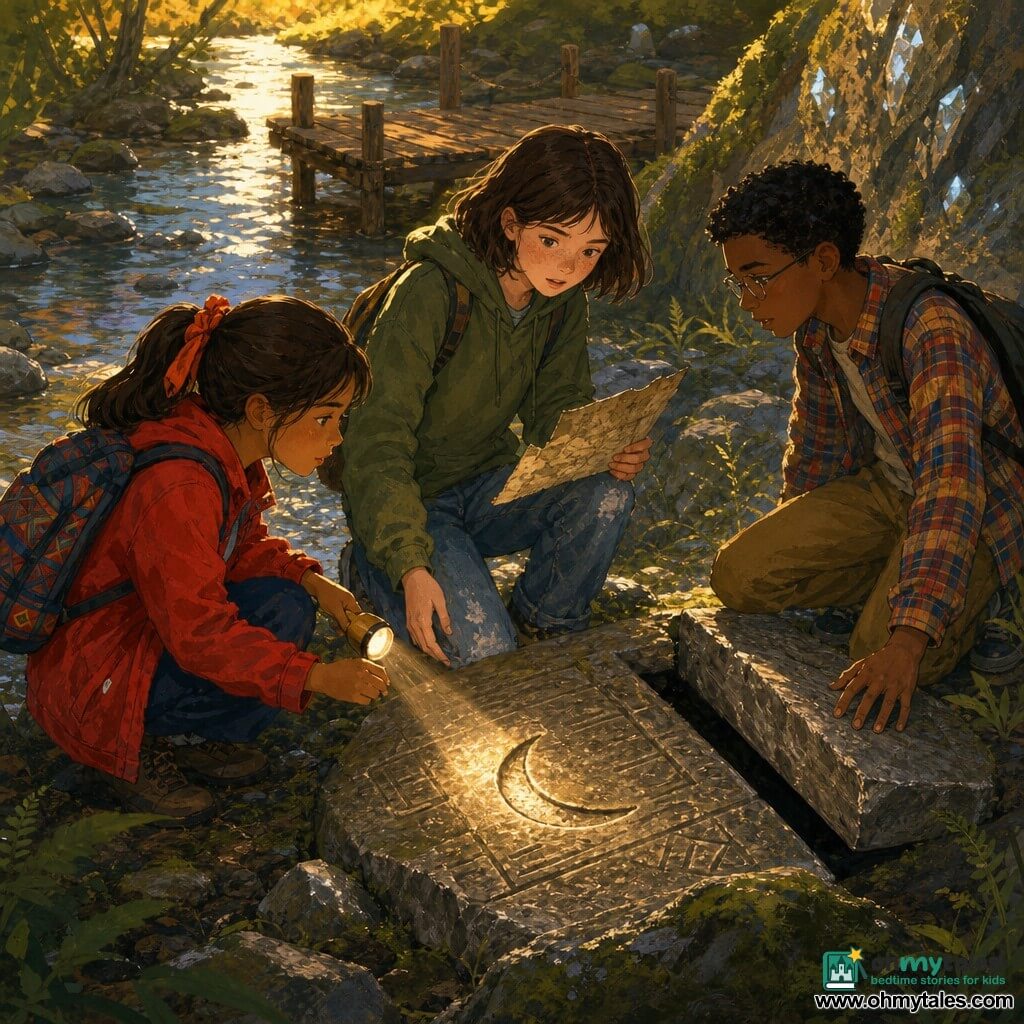 Three children: Mia, 12, dark chestnut bob, fair freckled skin, olive-green sweatshirt and worn jeans, center holding a partially unfolded old map in her right hand and looking at a carved stone; Ellie, 11, brown hair in a ponytail with an orange ribbon, tanned, bright red jacket and colorful backpack, left of Mia crouched holding a small mirror-lamp reflecting a beam onto a crescent engraving; Jasper, 12, short black hair, thin glasses, plaid shirt and khaki pants, right of Mia leaning on a rock with one hand on a sliding stone mechanism that's beginning to open. Setting: park riverbank by a clear stream with a wooden dock, tall deep-green grasses and ferns, wet mossy grey rocks and slab-like carved stone, late afternoon light casting golden reflections and long shadows. Scene: the children discover a secret opening between stones as Ellie's mirror creates a sparkling line on the crescent carving; Mia holds the map, Jasper touches the opening stone; mood of wonder and gentle suspense, with visible textures of wood, wet stone, worn fabric, and glittering quartz on nearby walls.