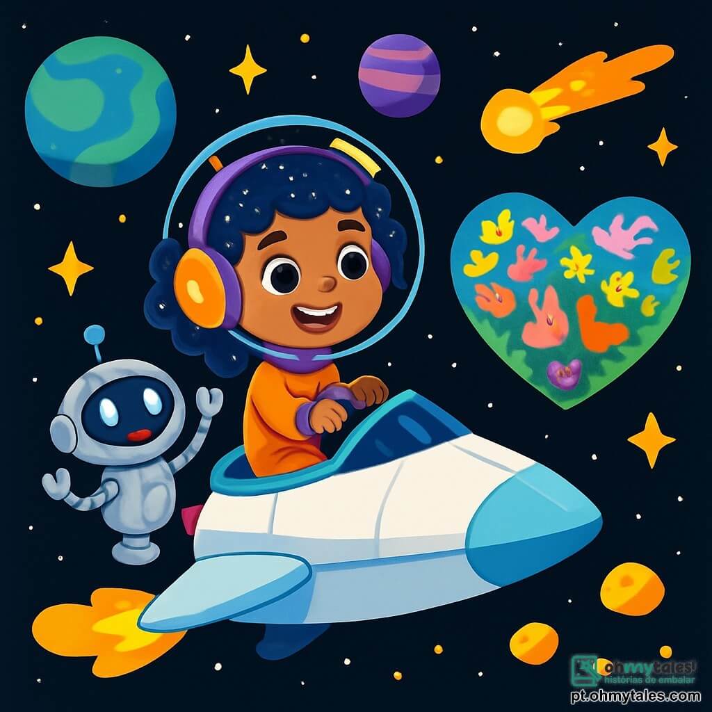 Luna, uma jovem com cabelos cacheados e brilhantes como estrelas, usa um capacete futurista com luzes cintilantes. Ela sorri animadamente, com os olhos brilhando de aventura, enquanto pilota sua nave espacial. Ao seu lado, Tico, um pequeno robô amigável e arredondado, com olhos luminosos e corpo prateado, flutua alegremente, pronto para ajudar na missão. A cena ocorre no vasto espaço, cercada por planetas coloridos em tons vibrantes de azul, verde e roxo, com estrelas cintilantes iluminando o fundo negro do universo. A nave, com linhas elegantes e futuristas, desliza suavemente entre asteroides brilhantes e cometas. Luna e Tico planejam sua próxima destino, observando um lindo planeta em forma de coração, cheio de flores multicoloridas e animais curiosos, prontos para serem descobertos.