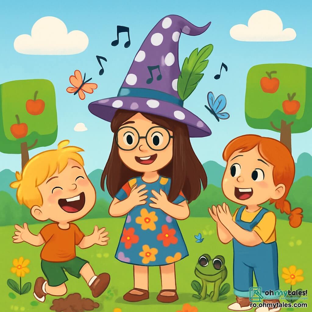 Există 3 personaje: Ana, o fetiță de 8 ani cu părul lung și brunet, o rochie cu flori colorate și o pălărie uriașă cu buline mov și pene verzi; Vlad, un băiețel de 7 ani cu părul blond și zâmbet ștrengar, care râde și aproape că cade într-un morman mic de pământ; Daria, o fetiță de 8 ani cu părul roșu împletit și salopetă albastră, aplaudând cu entuziasm. Acțiunea are loc într-o grădină plină de flori strălucitoare, cu iarbă verde și copaci cu mere pătrate, sub un cer albastru cu nori pufoși. Cei trei sunt fascinați de o pălărie magică care plutește, cântând o melodie veselă despre ciorapi dansatori, înconjurați de broaște cu ochelari de soare și fluturi jucăuși.