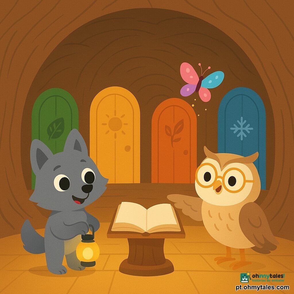 O personagem principal é um pequeno lobo antropomórfico de pelo cinza, olhos grandes e brilhantes e sorriso curioso, segurando uma pequena lâmpada amarela; ao seu lado, o Guardião do Tempo é uma velha coruja redonda com óculos dourados, plumagem bege e castanha, que aponta para as portas com uma asa; uma borboleta colorida voa diante da porta da Primavera com asas translúcidas rosa e azul deixando um rastro de pólen luminoso; o cenário é o interior de um tronco de árvore oco transformado em sala circular com paredes de madeira esculpida, piso de placas luminosas, quatro portas verdes, amarelas, laranja e azuis e um grande livro antigo num pedestal ao centro; Lupi está diante das quatro portas das estações, com luz quente e mágica entrando pelas fendas da madeira, composição simples e clara, cores saturadas e formas suaves para um efeito acolhedor e legível.