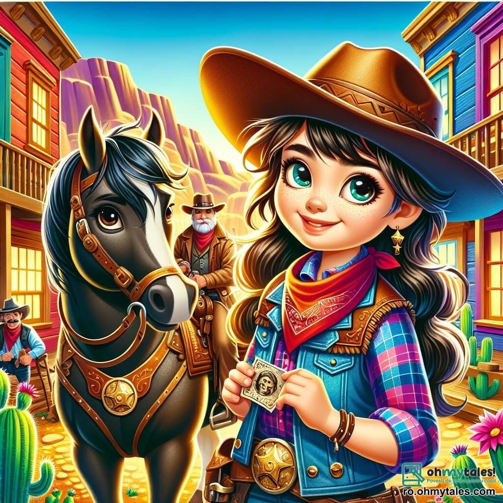 Sofia, o cowgirl curajoasă de aproximativ 10 ani, poartă o pălărie mare din piele maro, o cămașă în carouri roșii și o vestă din denim. Ochii ei strălucitori exprimă entuziasm și determinare în timp ce ține în mână un bilet vechi și misterios. Lângă ea se află calul ei credincios, Fulger, un mustang cu blană neagră lucioasă, care pare nerăbdător să plece în aventură. În fundal, un bărbat în vârstă, șeriful din Silver Creek, de aproximativ 60 de ani, cu o mustață albă și un insignă strălucitoare, o observă pe Sofia cu un zâmbet binevoitor, ținându-și pălăria de cowboy. Decorul este un mic sat din Vestul Sălbatic, cu case din lemn cu fațade colorate, cactuși verzi și munți aurii la orizont sub un cer albastru strălucitor. Sofia se pregătește să plece în căutarea unui comoară misterioasă, vântul ridicându-i ușor părul, în timp ce locuitorii satului se adună în jurul ei, curioși și îngrijorați, creând o atmosferă de entuziasm și mister.