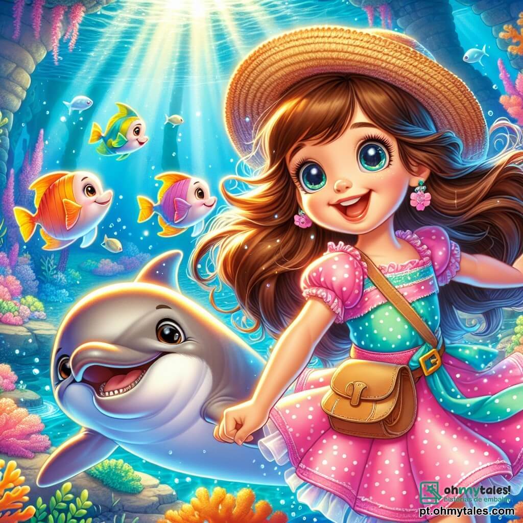Uma menina de 6 anos, Clara, com longos cabelos castanhos, usa um maiô rosa com bolinhas e um chapéu de palha. Ela tem um grande sorriso encantado no rosto, seus olhos brilhando de curiosidade enquanto descobre um mundo subaquático mágico. Ao seu lado, sua mãe, uma mulher na casa dos trinta anos com cabelos castanhos e um vestido leve azul, nada alegremente, segurando a mão de Clara. O amigo deles, Dodi, um golfinho sorridente, está pulando alegremente na água, suas escamas brilhando sob a luz. Eles estão em uma caverna subaquática, onde a água é de um azul vibrante e corais coloridos cercam um lago secreto. Peixes multicoloridos nadam ao redor deles, e raios de luz filtram pela superfície da água, criando uma atmosfera mágica. A cena principal mostra Clara e sua mãe maravilhadas, descobrindo um velho baú do tesouro cheio de pérolas brilhantes e uma coroa de conchas, enquanto Dodi as guia com entusiasmo, pronto para compartilhar essa incrível aventura.