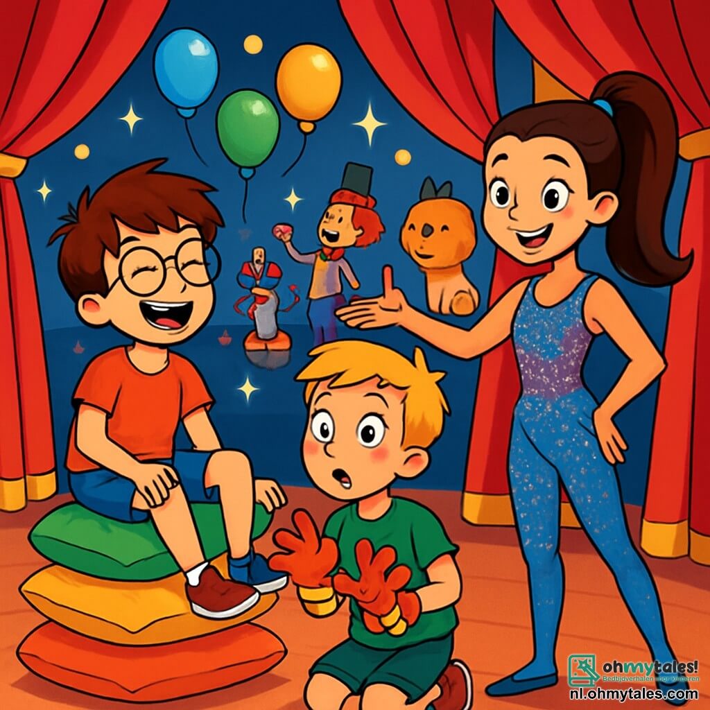 Er zijn 3 personages: - Sam: een 10-jarig jongen met rommelig bruin haar en ronde brillen. Hij draagt een rode t-shirt en een blauwe short. Hij lacht terwijl hij op een stapel kleurrijke kussens zit. - Finn: een 10-jarig jongen met blond haar en sproeten. Hij draagt een groene t-shirt en korte broek. Hij staat naast Sam, met grote ogen van verrassing, en houdt een paar clownhandschoenen vast. - Jolanda: een 12-jarig trapeziste met lang, glanzend haar in een hoge paardenstaart. Ze draagt een glinsterend kostuum met multicolore pailletten. Ze glimlacht en maakt een uitnodigend gebaar naar de jongens, terwijl ze op een podium staat dat versierd is met rode gordijnen. De scène speelt zich af in een levendig circus met rode en gouden gordijnen, fonkelende lichten en kleurrijke ballonnen die in de lucht zweven. Op de achtergrond zijn clowns aan het jongleren en excentrieke dieren te zien, zoals een olifant in een tutu en een leeuw met een hoge hoed. De hoofdscene toont Sam en Finn, verwonderd en vermaakt, die de magische wereld van het circus ontdekken. Sam staat op het punt om in een berg kussens te springen, terwijl Finn de clownhandschoenen vasthoudt, klaar om deel te nemen aan het avontuur.
