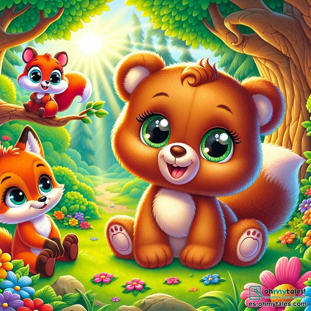 Un pequeño oso de peluche llamado Tito, con un suave pelaje marrón y ojos brillantes de curiosidad, se encuentra en el centro de la imagen, mostrando una expresión de sorpresa y determinación. Está sentado en la hierba verde, rodeado de flores coloridas, hablando con sus amigos. A su izquierda, Lila la ardilla, con pelaje rojizo y una cola esponjosa, mira a Tito con una sonrisa alentadora, sus ojos brillando de emoción. Ella está posada en una rama baja de un árbol, lista para saltar hacia él. A la derecha, Nico el zorro, con pelaje naranja brillante y ojos tristes, está sentado contra un gran árbol, con las orejas caídas, mostrando que se siente culpable. Mira a Tito con una expresión de arrepentimiento, sosteniendo una pequeña rama en sus patas. El lugar es un encantador bosque soleado, lleno de árboles majestuosos con hojas verdes brillantes, flores multicolores y un suave rayo de luz filtrándose a través de las ramas. La situación principal muestra a Tito explicando a sus amigos la importancia de la verdad, mientras se reúnen a su alrededor, creando un momento de compartir y aprender en la naturaleza.