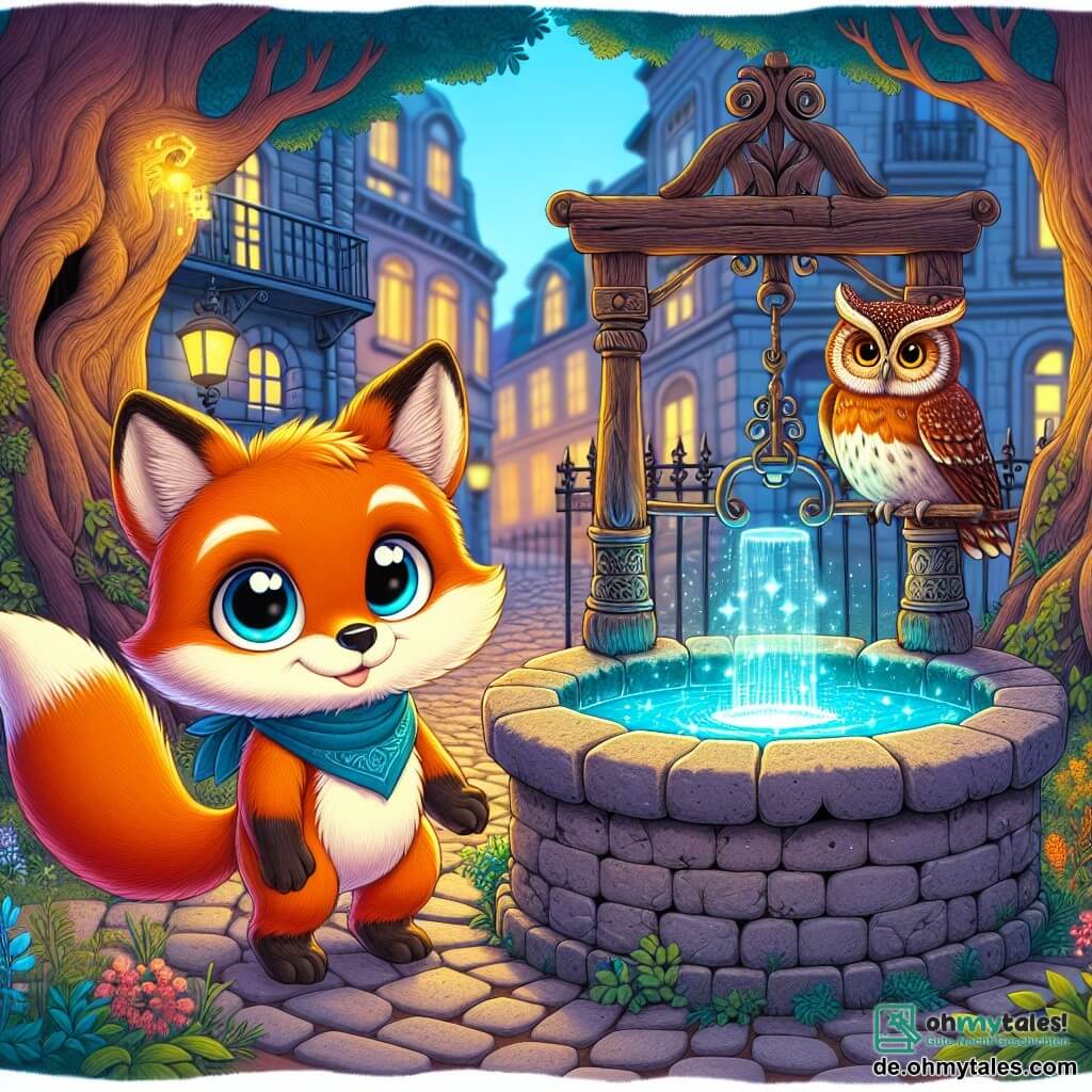 Ein kleiner, leuchtend orangefarbener Fuchs mit neugierigen, funkelnden Augen und einem entschlossenen Lächeln steht vor einem alten, braunen Brunnen, dessen Wasser in einem magischen blauen Licht glänzt. Er scheint bereit zu sein, in ein Abenteuer einzutauchen, mit aufgerichteten Ohren und glänzendem Fell im Licht der untergehenden Sonne. Neben ihm schwebt eine große Eule mit goldenen Federn und weisen Augen leicht in der Luft und schaut den Fuchs mit einem ernsten, aber ermutigenden Ausdruck an, als ob sie ihm ein großes Geheimnis anvertrauen würde. Der Ort ist ein zauberhafter Stadtpark, umgeben von alten, knorrigen Bäumen, die einen gepflasterten Weg umgeben, und bunten Blumen, die zwischen den Platten wachsen. Im Hintergrund erheben sich alte Gebäude mit schmiedeeisernen Balkonen, während Lichter in den Fenstern funkeln und eine magische Atmosphäre schaffen. Die Hauptsituation zeigt den Fuchs, der bereit ist, ein Geheimnis zu lösen, fasziniert vom Funkeln des Brunnens, während die Eule ihm Ratschläge zu den bevorstehenden Gefahren gibt und eine Atmosphäre von Aufregung und Geheimnis schafft.