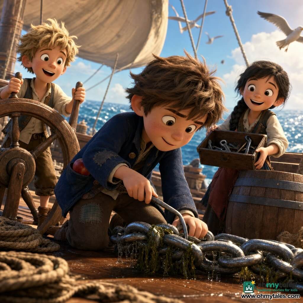 The main character is Finn, about 10, round face and messy brown hair, wearing a patched navy jacket, looking focused and proud as he leans over the shiny anchor chain using a small metal hook to free a knot, a red apple in his pocket; a secondary character, Pip, about 10 with messy blond hair and an excited, breathless expression, stands to Finn’s left on the wooden deck holding the wheel steady; another secondary, Tilly, about 9 with black braided hair and laughing wide eyes, reaches an open toolbox to Finn from near a barrel; the scene is the wooden deck of the old pirate ship Sea Sprout with wet ropes, barrels, billowing white sails and the anchor chain descending to a sparkling sea, droplets and seaweed clinging to the chain, warm optimistic lighting capturing a vivid teamwork moment.