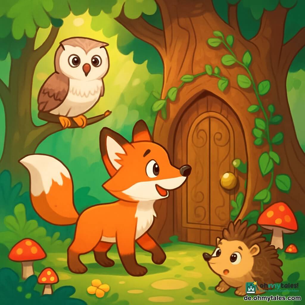 Im Herzen eines verwunschenen Waldes steht ein kleiner, leuchtend roter Fuchs mit neugierigen Augen vor einer alten Holztür, die in einem großen knorrigen Baum verborgen ist. Er sieht aufgeregt und entschlossen aus, mit aufgerichteten Ohren und zitterndem Schwanz. Neben ihm sitzt eine weiche, weiße Eule auf einem Ast und beobachtet aufmerksam mit ihren großen, intelligenten und weisen Augen. Ein kleiner Igel mit braunen Stacheln und einem schüchternen Ausdruck steht etwas abseits und schaut mit weit aufgerissenen Augen voll Staunen auf die Szene. Der Ort ist in goldenes Licht getaucht, mit Sonnenstrahlen, die durch die grünen Blätter filtern und den mit Moos und bunten Blumen bedeckten Boden erhellen. Die Holztür ist mit zarten Mustern verziert, umgeben von Efeu und bunten Pilzen, was eine magische und mysteriöse Atmosphäre schafft. Die Hauptsituation zeigt den Fuchs, der bereit ist, die geheime Tür zu öffnen, mit seinen Pfoten auf dem Boden, während seine Freunde ihn mit aufgeregten und erwartungsvollen Gesichtsausdrücken anfeuern, bereit, den verborgenen Schatz hinter dieser geheimnisvollen Tür zu entdecken.
