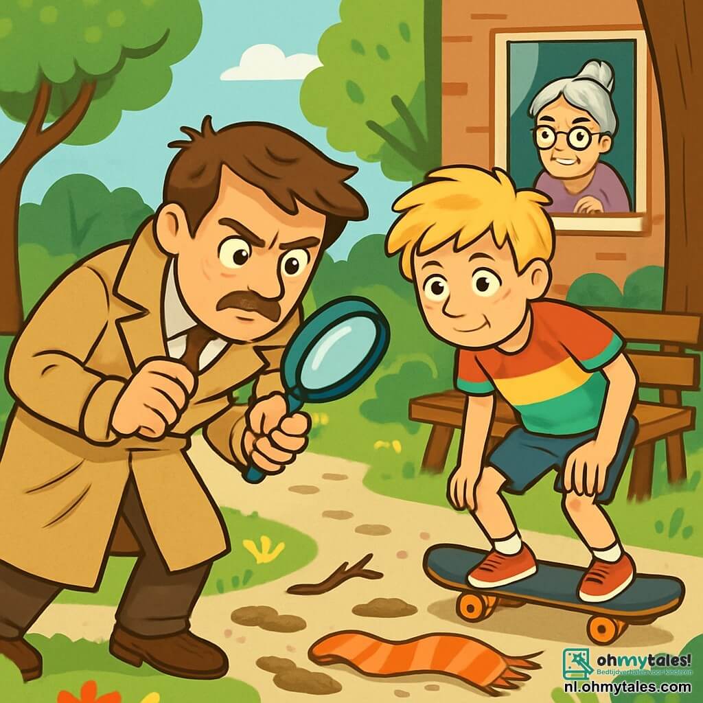 Een man, Sam, is een vastberaden detective met rommelig bruin haar en een dunne snor. Hij draagt een beige trenchcoat en houdt een vergrootglas in zijn rechterhand, terwijl hij geconcentreerd naar de grond kijkt. Naast hem staat een dertienjarige jongen, Tim, met onverzorgd blond haar, gekleed in een kleurrijk t-shirt en een korte broek. Hij leunt op zijn skateboard en kijkt nieuwsgierig naar Sam. Op de achtergrond kijkt een oudere vrouw, mevrouw De Vries, met ronde bril en een knot, bezorgd door het raam van haar huis. De scène speelt zich af in een klein groen park, omringd door bomen met felgroene bladeren, met houten banken en een grindpad. Kleurrijke bloemen sieren het pad en zorgen voor een vrolijke sfeer. Sam ontdekt een vergeten sjaal op de grond, naast modderige sporen en een gebroken tak, wat hem perplex en nieuwsgierig maakt. De lucht is mysterieus en de schaduw van de bomen creëert een intrigerende sfeer.