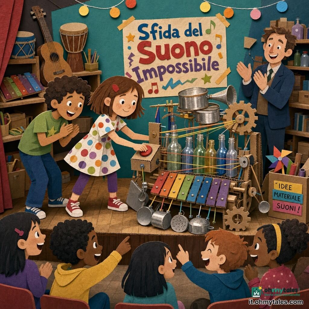 Mia, bambina di 8 anni con lentiggini e caschetto castano, in vestito a pois e scarpe rosse, preme un grande pulsante artigianale per azionare un insolito strumento; Tom, circa 9 anni, ricci e maglietta verde, sorride e applaude a sinistra; il direttore, uomo sui 40 anni in abito semplice, applaude sullo sfondo a destra; breve palcoscenico in legno nello studio musicale della scuola con scaffali di strumenti, una grande locandina "Sfida del Suono Impossibile", lucine e scatole di oggetti; il prototipo è assemblato con bottiglie di vetro, elastici, pentole metalliche, lamelle simili a xilofono e ingranaggi di cartone che vibrano e producono note; bambini sullo sfondo ridono e indicano; atmosfera gioiosa e festosa; stile visivo a colori vivaci, forme semplici ritagliate, texture di carta e ombre morbide.