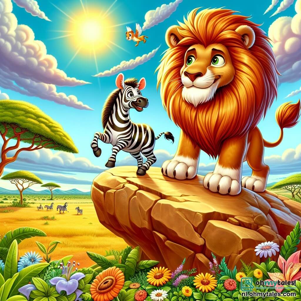 Een majestueuze leeuw, genaamd Leo, staat trots op een grote gouden rots, de Zonnesteen, met een vurig manen die in de zon glanst. Zijn ogen, vol wijsheid en vastberadenheid, tonen diepe bezorgdheid terwijl hij om zich heen kijkt, op zoek naar antwoorden. Naast hem springt een blije zebra genaamd Zara, met stralende zwart-witte strepen, van opwinding. Ze heeft een stralende glimlach en haar ogen fonkelen van nieuwsgierigheid, klaar om haar vriend te helpen in hun zoektocht. Op de achtergrond strekt de uitgestrekte savanne zich uit tot aan de horizon, bezaaid met kleurrijke bloemen en grote groene bomen onder een stralende blauwe lucht, waar de zon fel schijnt. De scène toont Leo en Zara in volle discussie, vastbesloten om de verdwenen kroon van de koningin terug te vinden, omringd door de schoonheid van de natuur, wat het avontuur en de vriendschap symboliseert die hen verbindt.