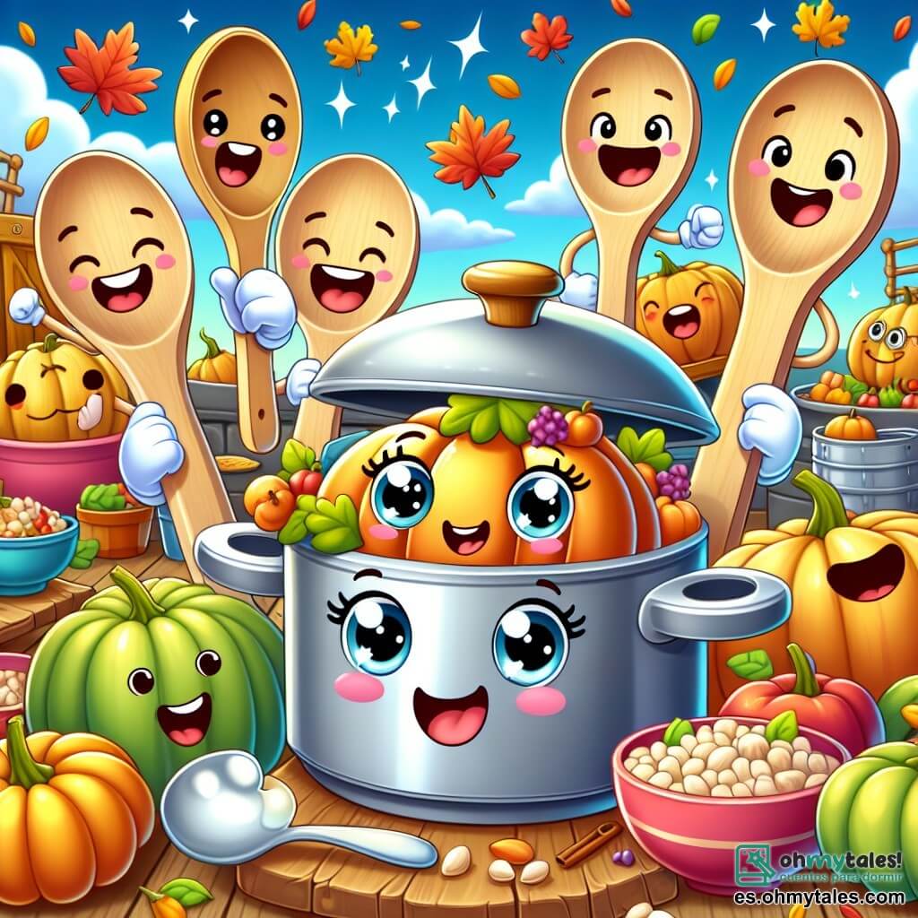 Un personaje principal, una cacerola alegre con una cara sonriente y ojos brillantes, está en el centro de la imagen, sosteniendo una cuchara de madera en una mano y rodeada de ingredientes coloridos de otoño como calabazas y manzanas. A su lado, cucharas de madera animadas, con caras expresivas y brazos de madera, ríen y bailan a su alrededor, expresando una gran alegría y una emoción palpable por la fiesta que se avecina. El decorado es una cocina rústica al aire libre, adornada con hojas de otoño de colores vivos, con una gran mesa de madera cargada de platos apetitosos, bajo un cielo azul claro salpicado de nubes suaves. La situación principal muestra a la cacerola y sus amigos preparando un festín de otoño, con sonrisas radiantes y risas, creando una atmósfera cálida y festiva.