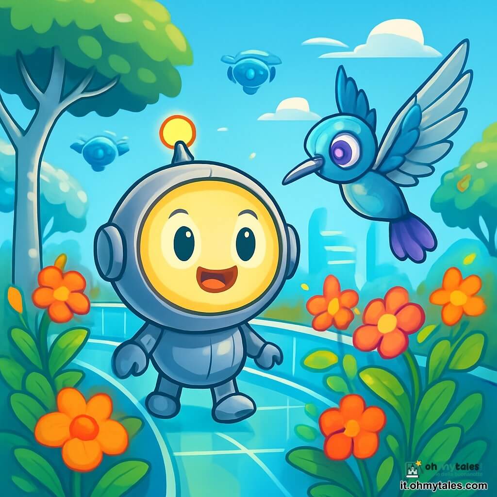 Lùmi, un piccolo robot-lanterna rotondo e luminoso, con un corpo argentato e occhi brillanti, irradia calore e determinazione. Si trova su un ponte galleggiante, circondato da giardini sospesi, la sua luce dolce illumina il suo viso gioioso. Accanto a lui, Ciri, un colibrì-robot con ali d'acciaio scintillanti e occhi a forma di gemme, vola con entusiasmo, le sue ali vibranti creano una dolce melodia. Il decor è un giardino futuristico, con alberi dalle foglie argentate, fiori dai colori vivaci e passerelle in vetro trasparente che si elevano sopra una città luminosa. Droni fluttuano nel cielo blu, aggiungendo un tocco di magia. La situazione principale mostra Lùmi e Ciri uniti, determinati ad aiutare le piante ansiose della città, mentre una dolce luce emana da Lùmi, calmando l'atmosfera e portando un senso di tranquillità e armonia.
