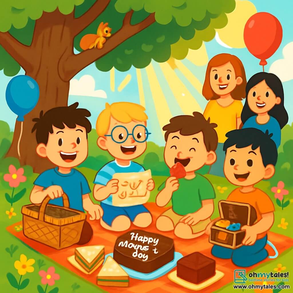 There are 4 children: Max, an 8-year-old boy with messy brown hair and sparkling eyes, wearing a blue t-shirt and red shorts, smiling widely while holding a picnic basket. Eli, also 8, with round glasses and blonde hair, dressed in a striped t-shirt and shorts, laughing while holding a treasure hunt map. Sam, an 8-year-old with brown hair and a jam-sticky face, wearing a green t-shirt and beige shorts, enjoying a strawberry with a satisfied smile. Charlie, an 8-year-old with black hair and a mischievous grin, wearing an orange t-shirt and blue pants, proudly holding a small treasure chest filled with surprises. The children are sitting on a large checkered blanket under a big oak tree, surrounded by colorful flowers and sunlight filtering through the leaves. They are preparing a picnic for Mother's Day with sandwiches and a chocolate cake, while their surprised and happy moms watch them with radiant smiles. Balloons float in the air, and a curious squirrel observes them from a branch.