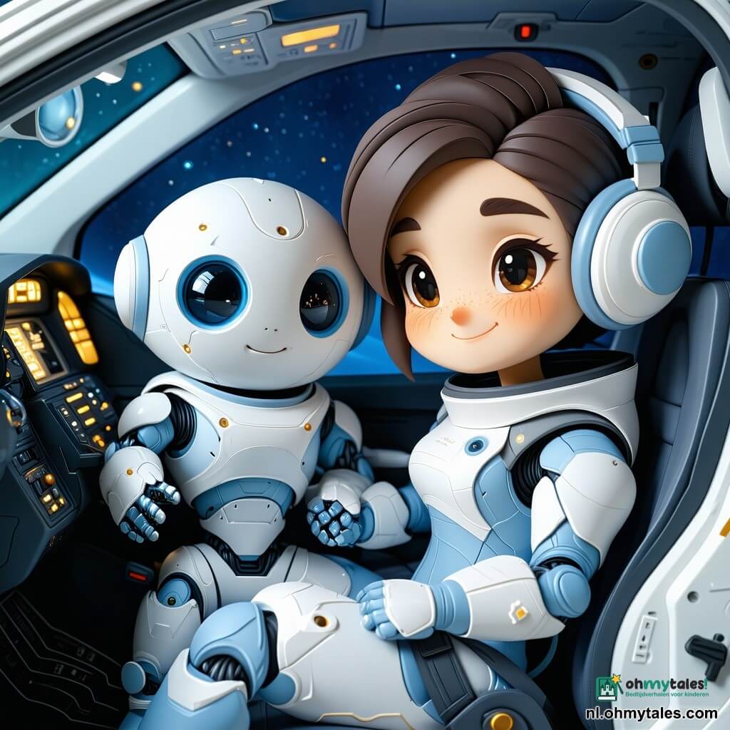 Mira is een vrouwelijke piloot met een rond glimlachend gezicht en kort kastanjebruin haar, gekleed in een lichtblauw ruimtepak met witte naden, kalm en zorgzaam terwijl ze zachtjes hendels in de cockpit bedient; Puk is een kleine ronde robot van mat crèmekleurig met glanzend zwarte ogen, naast Mira op de passagiersstoel en met vrolijke nieuwsgierigheid naar de stationsdeur kijkend; Kapitein Lian is een volwassen vrouw met grijsblauw gevlochten haar en een zilveren outfit, zichtbaar in een raam van het station terwijl ze zwaait; op de achtergrond de grote buitenwand van het ruimtestation met grijze textuurpanelen, rechthoekige luchtsluizen, gekleurde leidingen, groene/rode lampjes, kleurrijke stickers en scherpe papier‑achtige schaduwen; nog verderachter de blauwe/groene aarde met zachte witte wolken en fonkelende sterren in diepe zwarte ruimte; de scène toont Mira’s schip dat zachtjes aanmeert bij het station, één deur open en één gesloten, met gestileerde luchtbelletjes die luchtstroom aanduiden; levendig contrasterend kleurenpalet (hemelblauw, nachtblauw, bleekgrijs, warmgeel, accenten rood), uitgesneden texturen, strakke randen en eenvoudige slagschaduwen; compositie gecentreerd op Mira en Puk links in de cockpit, de open aanmeerdeur in het midden en Kapitein Lian rechts in het raam voor duidelijke leesbaarheid door een kind.