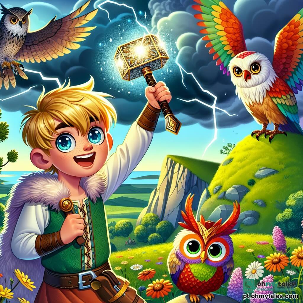 No topo de uma colina verdejante, um jovem viking chamado Bjorn, um garoto de 10 anos com cabelos dourados e olhos brilhantes de curiosidade, ergue um martelo mágico cintilante, seu rosto radiante de excitação e determinação. Ao seu lado, uma coruja sábia, com penas marrons e olhos redondos, sobrevoa a cena, observando atentamente as nuvens ameaçadoras que se acumulam no horizonte. Um papagaio colorido, vibrante em tons de verde e vermelho, pousa no ombro de Bjorn, pronto para incentivá-lo em sua aventura. O cenário é uma colina majestosa, salpicada de flores selvagens em cores vibrantes, com um céu tempestuoso ao fundo onde nuvens escuras assumem formas fantásticas, evocando dragões. A cena principal mostra Bjorn levantando seu martelo em direção ao céu, invocando o poder dos elementos para dissipar a tempestade mágica que ameaça sua aldeia, enquanto seus amigos pássaros o cercam, prontos para ajudá-lo nessa busca heroica.