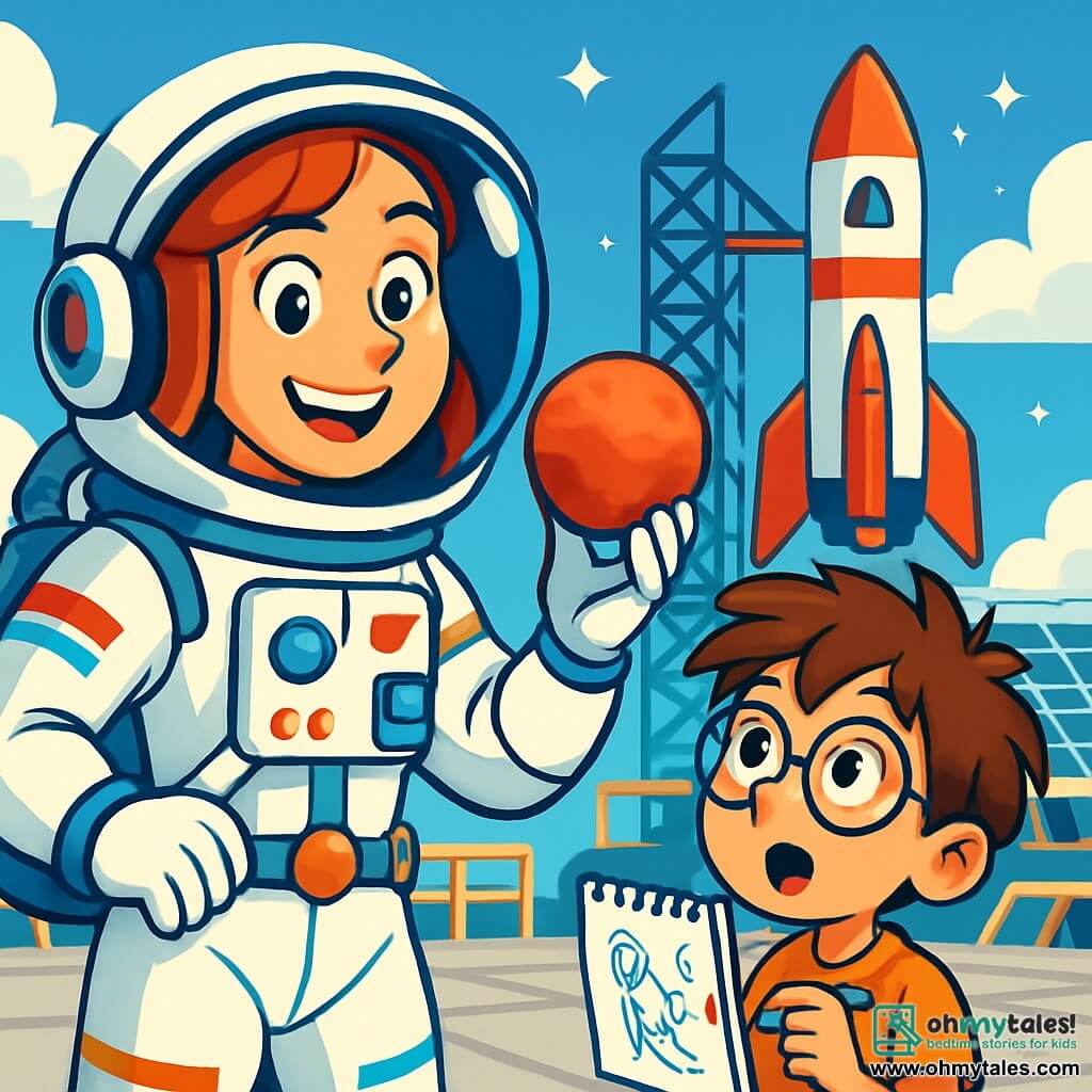 A female astronaut, Amelia, with a bright smile and sparkling eyes of excitement, is checking her equipment on a rocket launch pad. She is wearing a white spacesuit with colorful details and a shiny helmet, holding a small model of the planet Mars in her hand. Next to her, a 10-year-old boy, Leo, with messy brown hair and round glasses, looks on in admiration, wide-eyed, holding a small sketchbook where he draws rockets. The setting is a vast launch pad surrounded by large metal structures and solar panels, with a majestic red and white rocket ready for takeoff, standing against a bright blue sky dotted with white clouds. The main scene shows Amelia and Leo, both immersed in the excitement of the moment as they prepare for a space adventure, surrounded by futuristic tools and gadgets, with twinkling stars beginning to appear in the distant sky.