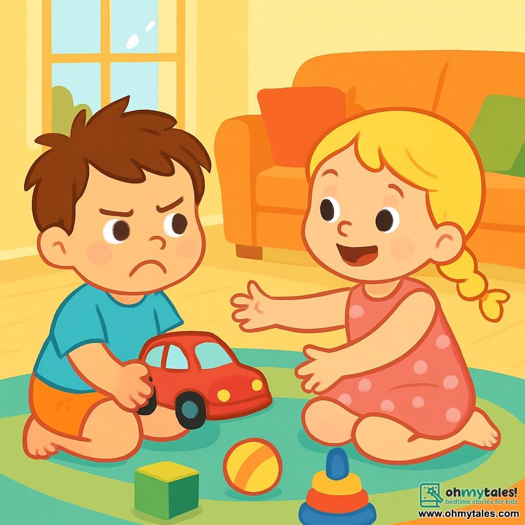 A 2-year-old boy with messy brown hair and sparkling curious eyes is sitting on a soft, colorful rug. He looks at his shiny red toy car with an expression of frustration and jealousy. Next to him, his friend Mia, a 3-year-old girl with braided blonde hair and a polka dot pink dress, smiles as she reaches for the car. She sits cross-legged, eager to play. The scene takes place in a cozy living room with pastel yellow walls, scattered toys, and a large window letting in sunlight. In the background, a plush sofa and colorful cushions create a welcoming atmosphere. In this illustration, the little boy feels a strong emotion as he hesitates to share his car with Mia, who is excited to play with him.