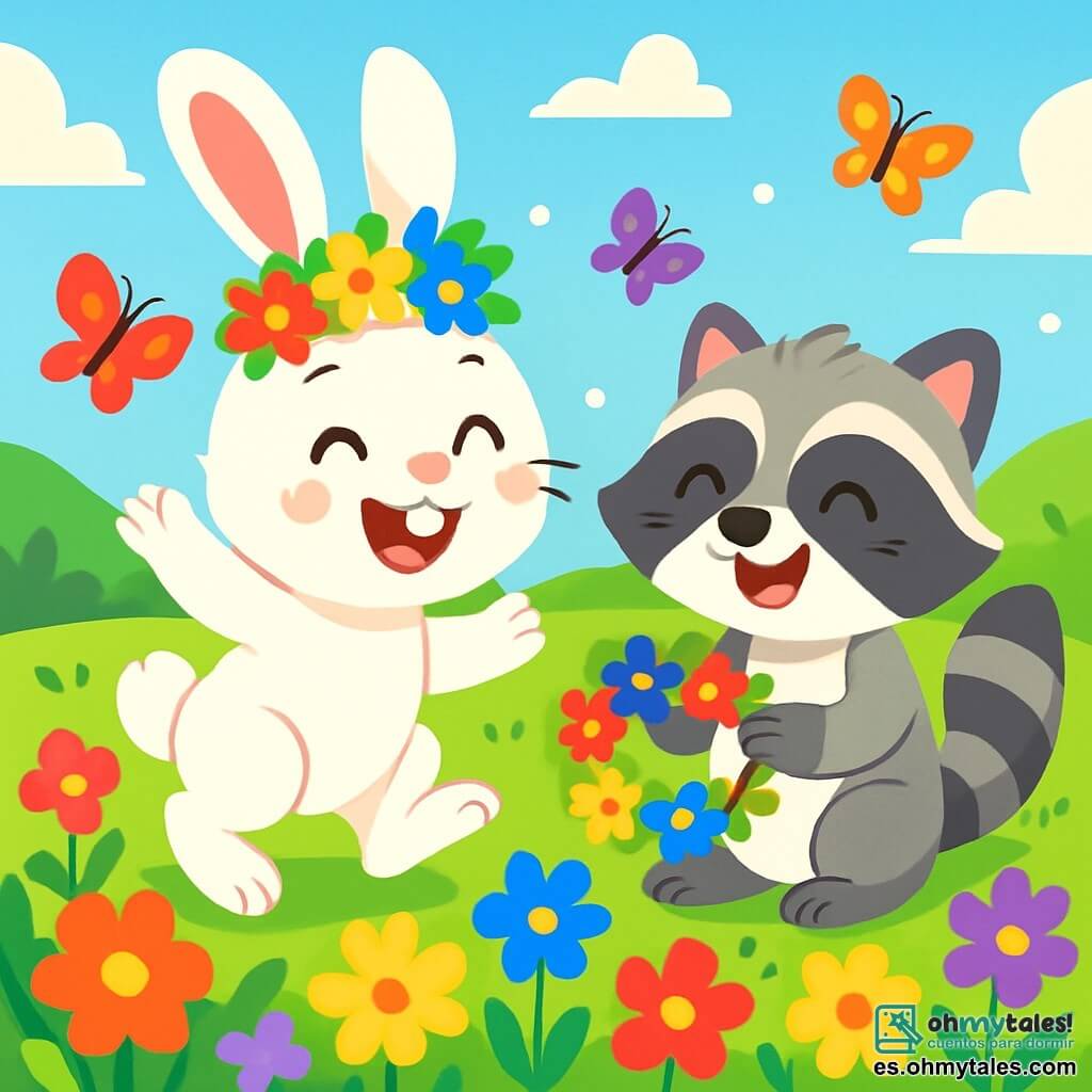 Un pequeño conejo llamado Tito, con un pelaje suave y sedoso de color blanco, grandes orejas erguidas y ojos brillantes de curiosidad, salta alegremente en un campo de flores multicolores, con una gran sonrisa en su rostro. A su lado, un mapache llamado Roco, con pelaje gris y rayas negras en la cara, muestra una expresión de alegría, sosteniendo una corona de flores que acaba de hacer. El lugar es un hermoso campo soleado, salpicado de flores brillantes de todos los colores: rojas, amarillas, azules y violetas, bajo un cielo azul claro con algunas nubes blancas y esponjosas. Tito y Roco están rodeados de mariposas coloridas que vuelan a su alrededor, añadiendo a la atmósfera festiva. La situación principal muestra a Tito y Roco riendo juntos, sentados en la hierba, llevando sus coronas de flores, celebrando la amistad y las aventuras del verano.