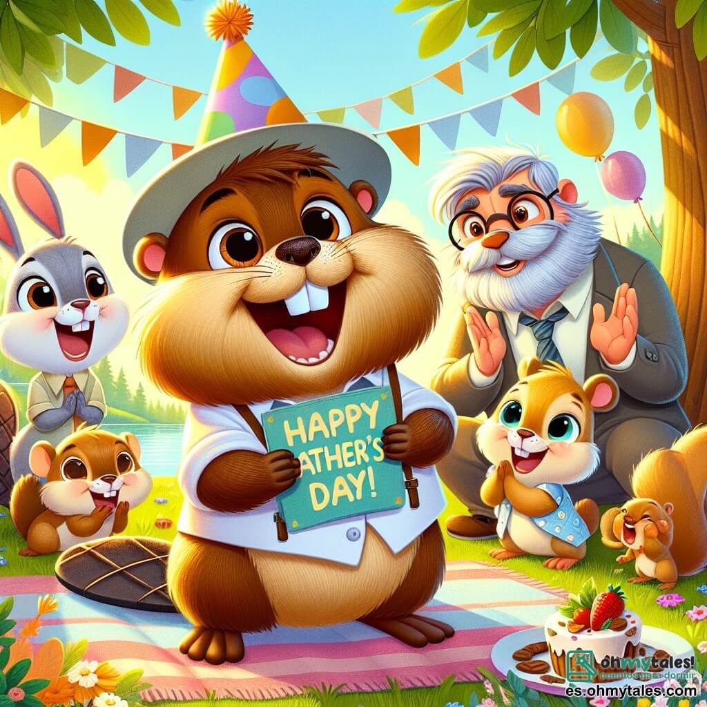 Tito, un pequeño castor de grandes dientes y pelaje marrón, irradia alegría mientras se encuentra en el centro de un claro soleado, rodeado de su familia y amigos. Lleva un pequeño sombrero de fiesta colorido y sostiene un gran cartel que dice "¡Feliz Día del Padre!", con una amplia sonrisa en su rostro. A su lado, Don Castor, un castor mayor con pelaje gris y gafas redondas, mira a su hijo con ojos brillantes de orgullo y emoción, mientras se prepara para abrazar a Tito. Lulú, una pequeña ardilla de ojos chispeantes y cola esponjosa, trepa por una rama cercana, riendo y aplaudiendo con entusiasmo. Rufi, un adorable conejo de grandes orejas y pelaje blanco, está sentado en la manta, sosteniendo un plato de deliciosas golosinas, con una sonrisa de satisfacción en su rostro. El lugar es un hermoso jardín del Bosque Alegre, lleno de flores coloridas, grandes árboles con hojas verdes y un cielo azul brillante. Una suave brisa hace danzar las hojas, y los pájaros cantan alegremente en las ramas. La situación principal muestra a Tito y sus amigos organizando un picnic sorpresa para Don Castor, con risas, juegos y un ambiente festivo, celebrando juntos el amor y la alegría del Día del Padre.