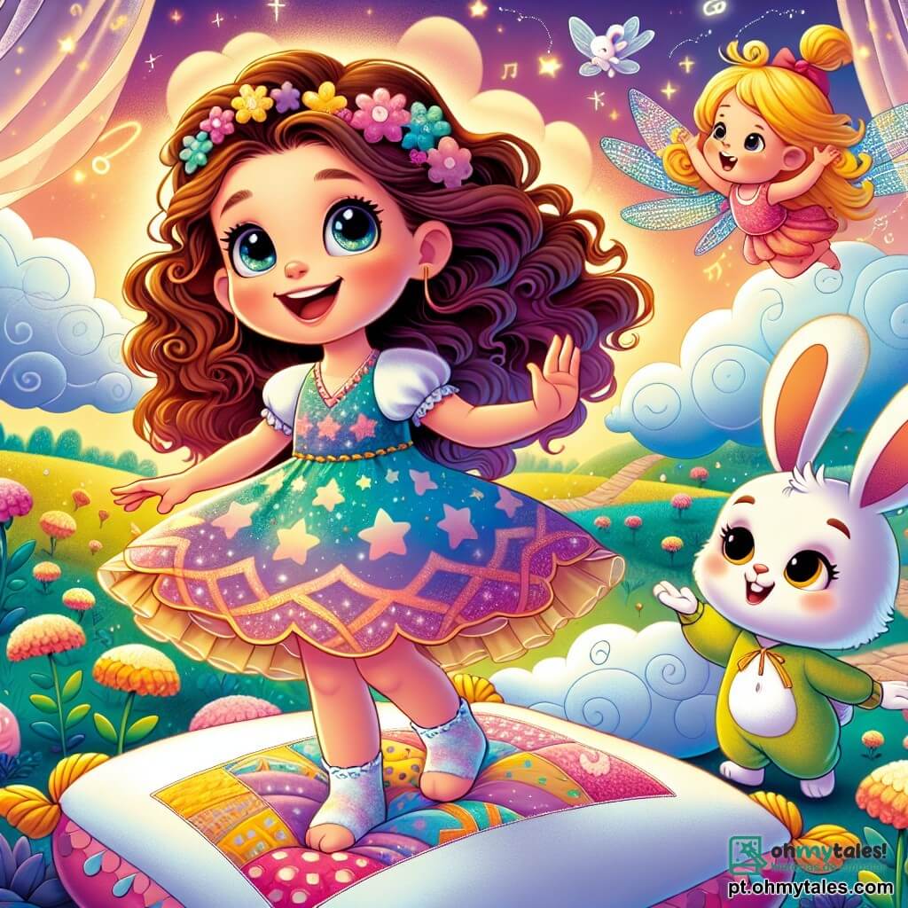 Uma menina de 8 anos, chamada Lila, com longos cabelos cacheados e olhos cheios de curiosidade, está no centro da imagem, com um grande sorriso no rosto. Ela usa um vestido colorido decorado com padrões de nuvens e segura um travesseiro de nuvem sob o braço, pronta para a aventura. Ao seu lado, Sussurro, uma pequena fada com asas cintilantes, voa alegremente ao seu redor, com os cabelos dourados flutuando no ar, gesticulando entusiasticamente para encorajar Lila. Um pouco atrás, Binky, um coelhinho travesso com grandes orelhas, observa a cena com um olhar determinado, pronto para ajudar seus amigos. O cenário é o Reino das Almofadas, um lugar mágico onde almofadas coloridas flutuam no ar e árvores com troncos em forma de nuvem se estendem ao redor. Flores dançam ao ritmo do vento, adicionando um toque de alegria ao ambiente. A situação principal mostra Lila, Sussurro e Binky se preparando para enfrentar a barulhenta bruxa Dorminhoca, que se aproxima com um enorme colchão, enquanto as almofadas ao redor parecem vibrar de excitação e antecipação.