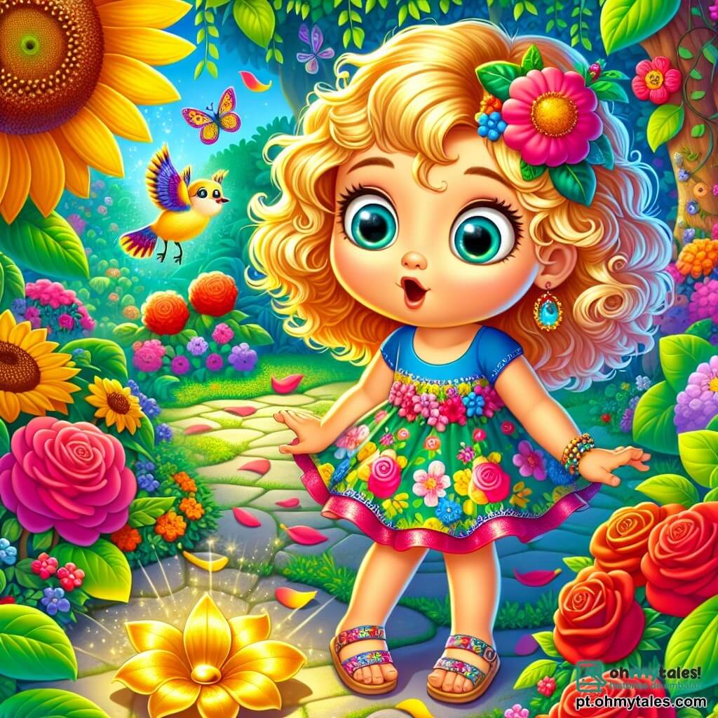 Uma menina de 6 anos, Sofia, com cabelos cacheados e dourados, grandes olhos maravilhados, está no meio de um jardim exuberante. Ela usa um vestido florido e sandálias, seu rosto radiante de curiosidade e empolgação. A seus pés, uma pétala dourada brilha ao sol, chamando sua atenção. Perto dela, um passarinho de penas multicoloridas canta alegremente em um galho, observando Sofia com olhos travessos. O jardim está cheio de flores vibrantes, rosas vermelhas e girassóis gigantes, com borboletas voando ao redor, criando uma atmosfera mágica. Sofia, fascinada pela pétala dourada, se prepara para seguir uma misteriosa trilha de pétalas que serpenteia pelo jardim, seu coração batendo de emoção pela aventura que a espera.