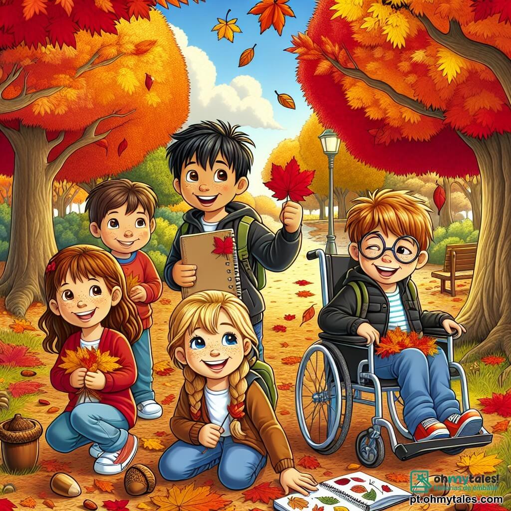 Em um parque no outono, quatro crianças estão reunidas. Tomás, um garoto de 8 anos com cabelos castanhos bagunçados e um sorriso radiante, segura um caderno cheio de desenhos de folhas coloridas. À sua direita, Miguel, um menino de 9 anos com óculos e cabelos negros, está sentado em sua cadeira de rodas, segurando uma bolota e sorrindo alegremente. À esquerda, Sofia, uma menina de 7 anos com longos cabelos loiros trançados, admira uma folha vermelha que encontrou, enquanto Lucas, um garoto de 8 anos com cabelos castanhos e sardas, se agacha para pegar folhas douradas. O parque está cheio de árvores majestosas com folhas vibrantes em tons de vermelho, laranja e amarelo. O chão está coberto por uma espessa camada de folhas secas, e o céu é azul claro, salpicado de nuvens fofas. As crianças exploram alegremente o parque, descobrindo a beleza do outono, enquanto coletam folhas e compartilham suas descobertas em um espírito de amizade e curiosidade.