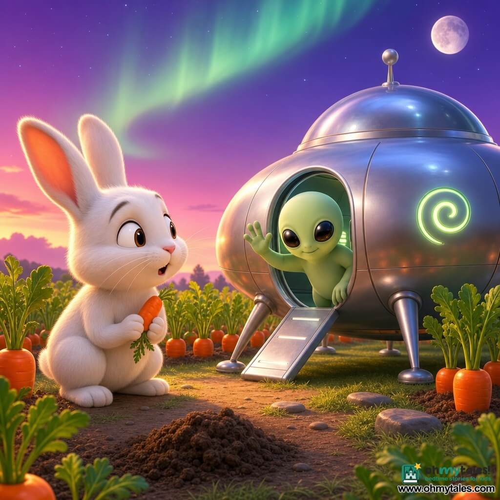 A soft white anthropomorphic rabbit with round eyes and fine whiskers crouches by rows of bright orange carrots, holding a small shiny carrot; a small round silver saucer rests in the garden on three little legs with an open door and a glowing spiral symbol emitting a soft green light, a chubby pale-green friendly alien with big black eyes and a shy smile leans half out and waves with a three-fingered hand; the evening sky is violet-pink with a faint green aurora, a few stars and a round moon, the field has neat carrot rows, tall green tops, mint-colored grass, some flat stones and a small mound of fresh earth, warm soft light casts long shadows and metallic and orange reflections on the ship and the rabbit, creating a calm, magical, slightly comic friendly encounter.