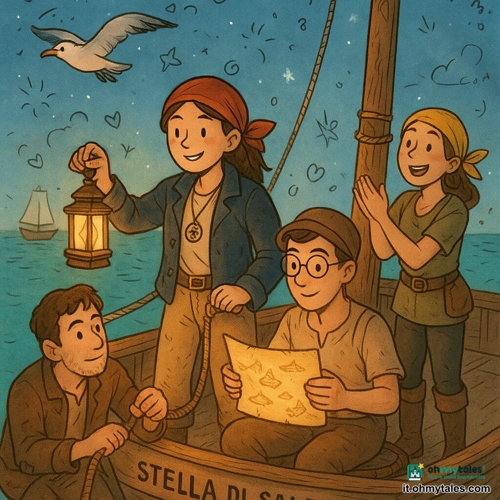 La capitana Luna, giovane donna dai capelli castani raccolti sotto un foulard rosso, sorride mentre posa una piccola lanterna intagliata sulla prua del "Stella di Sale", indossando giacca blu sbiadita, pantaloni beige e una medaglia con un faro al collo; Marco, timoniere di circa 30 anni con capelli corti e abiti rattoppati, tiene una corda a poppa pronto ad aiutare; Nino, cartografo di circa 25 anni con occhiali rotondi, siede su una botte mostrando una mappa di pergamena leggermente illuminata; Zara, adolescente artigliera dal sorriso aperto, sta in piedi vicino all’albero con un sacchetto di viveri e un bandana giallo; Pico, un gabbiano bianco e grigio, vola sopra la prua con le ali spiegate; il piccolo veliero in legno ha assi segnate e cordami arrotolati, il mare calmo verde scuro e un cielo stellato con, all’orizzonte, una barca da pesca riparata a vela chiara: è notte, la lanterna proietta una mappa luminosa sul ponte che indica piccole isole brillanti, luce calda arancione-ambra in contrasto con i blu profondi del mare, atmosfera di collaborazione e orgoglio sui volti.