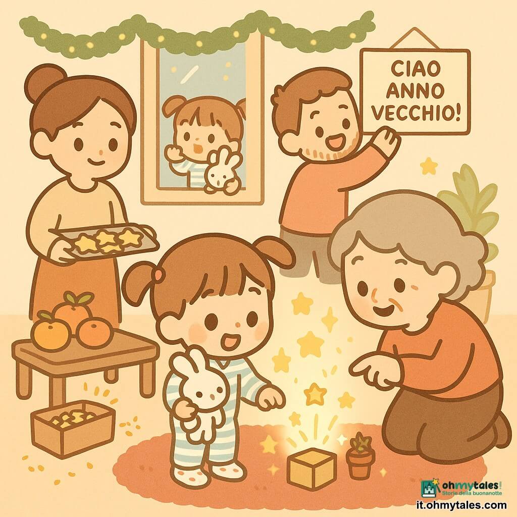 Bambina di 4 anni, gioiosa e meravigliata, capelli castano chiaro in due codine, pigiama a righe e calzini con cuoricini, appoggiata al vetro con in braccio un coniglietto di pezza bianco; mamma di circa 30 anni, sorridente, capelli castani legati, tiene un vassoio con biscotti a forma di stella a sinistra; papà di circa 32 anni, ride con barba leggera e appende un cartoncino “Ciao Anno Vecchio!” sul muro a destra; nonna di circa 65 anni, maliziosa, si inginocchia e indica una piccola scatola lucente sul tappeto; salotto accogliente con luce soffusa, ghirlande verdi, piccole lucine gialle, tappeto rosso e tavolino con mandarini e scatola di coriandoli dorati; scena principale: la bambina scopre una scatola sorpresa sul tappeto circondata da stelle filanti, una campanella dorata e un vasetto di semi scintillanti, atmosfera di veglione di Capodanno, colori caldi e pastello, stile kawaii minimale, linee semplici e sfondo pulito.
