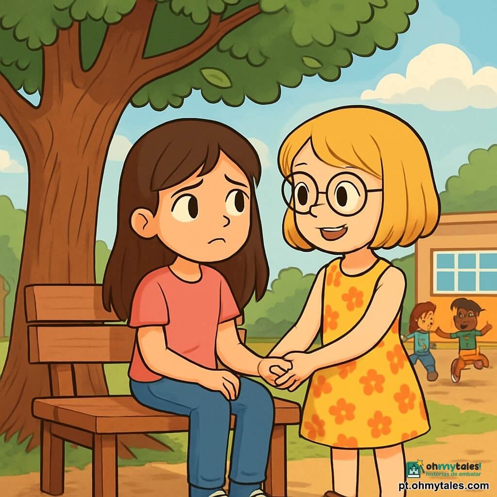 Há 2 personagens principais: - Clara: uma menina de 10 anos, com longos cabelos castanhos e olhos brilhantes. Ela usa uma camiseta rosa e um jeans, sentada em um banco de madeira sob um grande carvalho, com uma expressão pensativa. - Sofia: uma menina de 10 anos, com cabelos loiros curtos e óculos redondos. Ela usa um vestido florido e está em pé ao lado de Clara, segurando sua mão com um sorriso encorajador. O local da cena principal é um parque escolar, com árvores majestosas, folhas verdes dançando ao vento e um chão de terra batida. Ao fundo, vê-se outras crianças brincando, criando uma atmosfera alegre e animada. A situação principal da história mostra Clara e Sofia conversando sobre suas emoções, sentadas no banco, cercadas por risadas de crianças, enquanto o céu está levemente nublado, simbolizando as preocupações de Clara.