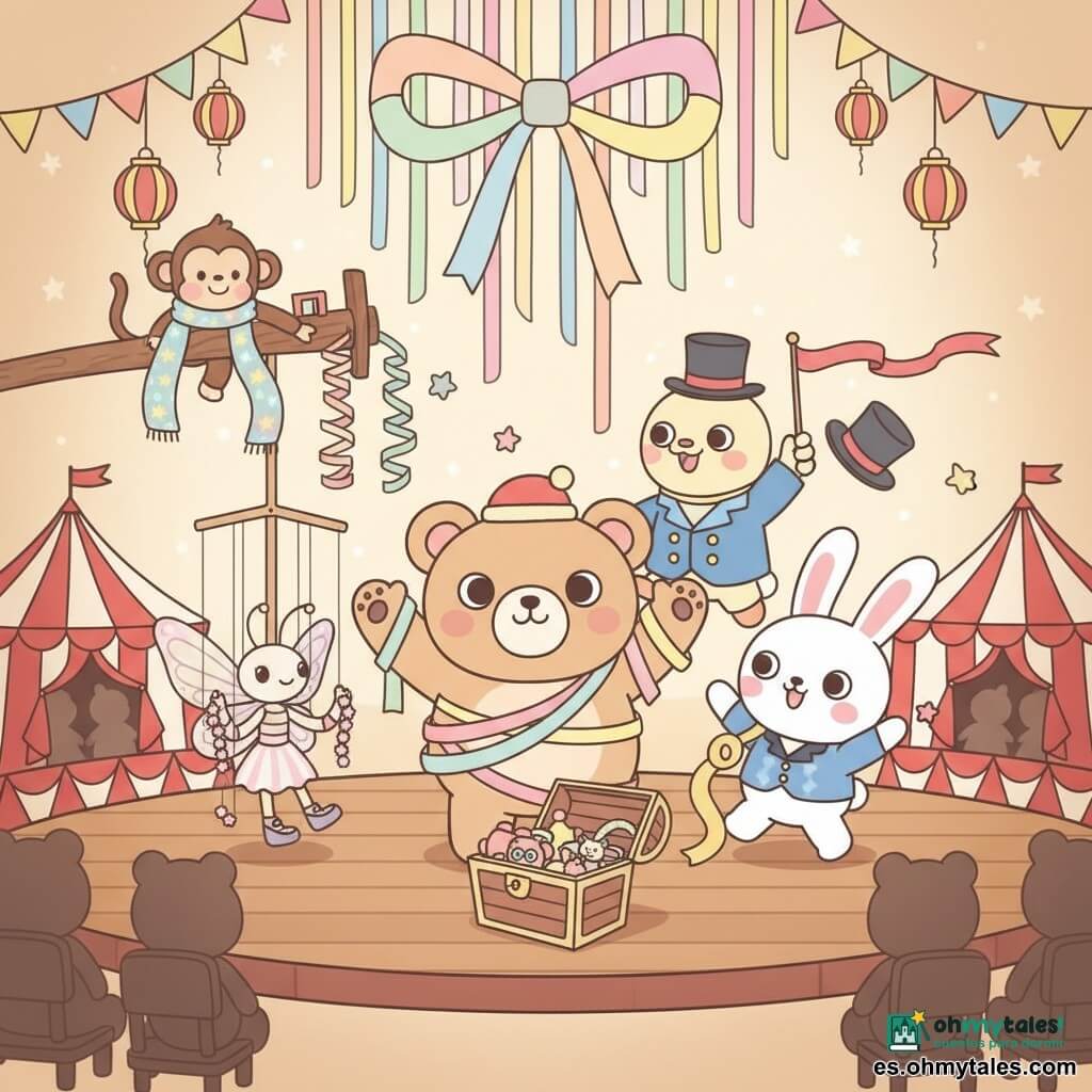 Oso Pompón, un gran oso de peluche beige con sonrisa amplia y nariz negra, alegre, lleva un gorro rojo y está cubierto de cintas de colores, en el centro de la pista con los brazos levantados; Señora Mariposa, una marioneta de mariposa de alas pastel brillantes, sonriente, a la izquierda suspendida de hilos con una guirnalda rosa; Mago Conejo, un conejo mago blanco de grandes orejas y sombrero de copa, travieso, a la derecha lanzando una cinta amarilla que se convierte en un pequeño sombrero; Mono Lenteja, un mono pequeño tejiendo una bufanda de estrellas, pícaro, trepa una viga al fondo y deja caer guirnaldas en espiral; Ganso Trompeto, un ave grande de plumaje crema con chaqueta y botones dorados, orgulloso, detrás de todos con una batuta con cinta roja flotante; la pista es una gran elipse de madera encerada rodeada de pequeñas carpas a rayas rojas y blancas, farolillos y banderines, con sillas y siluetas de peluches espectadores; situación principal: una lluvia de cintas multicolores forma un gran lazo sobre la pista mientras los personajes se reúnen alrededor de un cofre abierto sonriendo, atmósfera festiva, colores vivos, formas suaves y iluminación cálida.