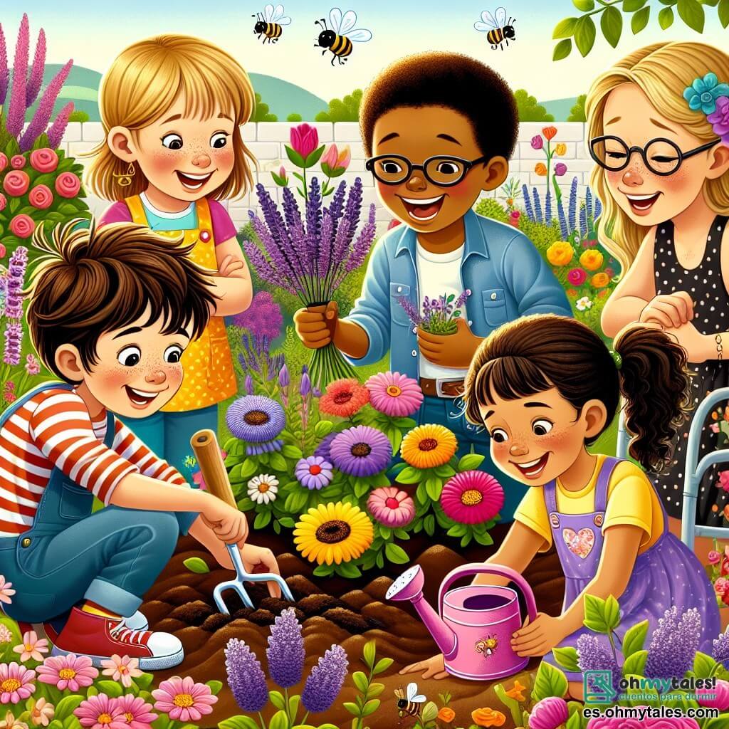 En un jardín colorido, cinco niños se reúnen para plantar flores. Lucas, un niño de 10 años con cabello castaño y una sonrisa traviesa, sostiene una pequeña pala y ríe mirando a sus amigos. Marta, una niña de 9 años con cabello largo y rubio, se inclina hacia adelante sembrando semillas de lavanda con concentración. Diego, un niño de 10 años con gafas y cabello negro, está sentado en su silla de ruedas, sonriendo mientras observa las abejas alrededor de las flores. Sofía, una niña de 8 años con trenzas y un vestido colorido, riega las plantas con una regadera rosa, llena de energía. La profesora Elena, una mujer de unos treinta años con cabello castaño y gafas, los anima con una gran sonrisa, sosteniendo un cartel que dice "Jardín de la comunidad". El jardín es un lugar encantador, lleno de flores brillantes de todos los colores: rosas, amarillas, violetas y azules. Las mariposas danzan alrededor de las flores y el sol brilla en el cielo azul, creando un ambiente alegre y primaveral. Los niños trabajan juntos, riendo y compartiendo historias, mientras plantan flores para crear un jardín comunitario que atraerá a las abejas y mariposas, simbolizando el espíritu de la primavera.