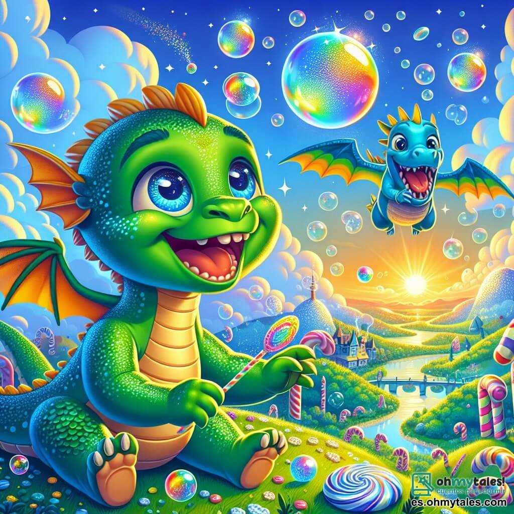 En un cielo azul brillante, un dragón llamado Mateo, un joven dragón verde con escamas brillantes y ojos llenos de curiosidad, se eleva alegremente en el aire, sonriendo ampliamente mientras sopla burbujas de jabón de colores que flotan a su alrededor. A su lado, Rufus, un dragón azul brillante con alas centelleantes, salta de alegría, sus ojos redondos llenos de emoción, mientras intenta atrapar una burbuja gigante que brilla como un arcoíris. En el fondo, Zippy, un pequeño dragón con alas multicolores, ríe a carcajadas, sosteniendo una gran máquina de burbujas que proyecta pompas de todos los tamaños, añadiendo un toque de magia a la escena. El escenario es un paisaje de cuento de hadas, con colinas de caramelos, árboles de piruleta y un lago de limonada burbujeante, todo bañado por la luz dorada del sol poniente. La situación principal muestra a los tres dragones en plena fiesta de burbujas, riendo y jugando juntos, creando una atmósfera alegre y lúdica, llena de colores vivos y felicidad.