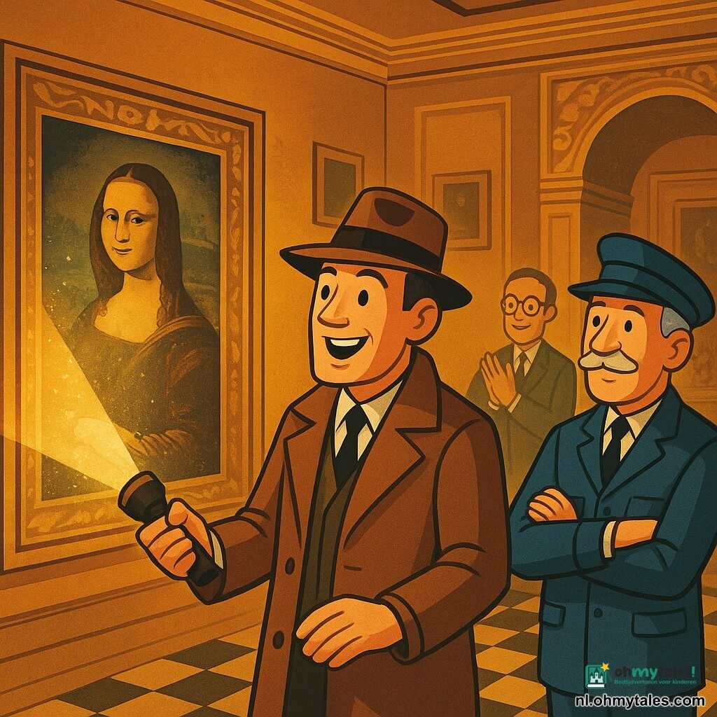 Een mannelijke detective rond de veertig, vierkant gezicht, lange bruine jas en fedora, verbaasde blije uitdrukking, houdt een felle zaklamp en onthult een groot stoffig schilderij achter een verborgen deur; een museumwachter van ongeveer 60, grijs haar en snor, gerimpeld gezicht, marineblauw uniform, staat rechts van de detective met armen over elkaar en een opgeluchte blik naar het schilderij; de directeur van het museum, ongeveer 45, donker groen pak en stropdas, ronde bril, klapt zachtjes op de achtergrond bij een antiek bureau; interieur: grote zaal met okerkleurige muren, gouden art-deco lijsten, zwart-wit dambordvloer, houten planken en uitgelijnde ingelijste doeken, fijne stofdeeltjes verlicht door warme lichtstralen; hoofdscène: de verborgen deur opent op een iets verbleekt renaissanceschilderij waarvan verfkrasjes en stukjes pleister vallen en de zaklamp gouden schittering op het frame creëert, sfeer van magische, geruststellende ontdekking; grafische stijl: nette lijnen, warme contrasterende kleuren, zichtbare texturen (stof, hout, doek), compositie gecentreerd op de detective en het schilderij.