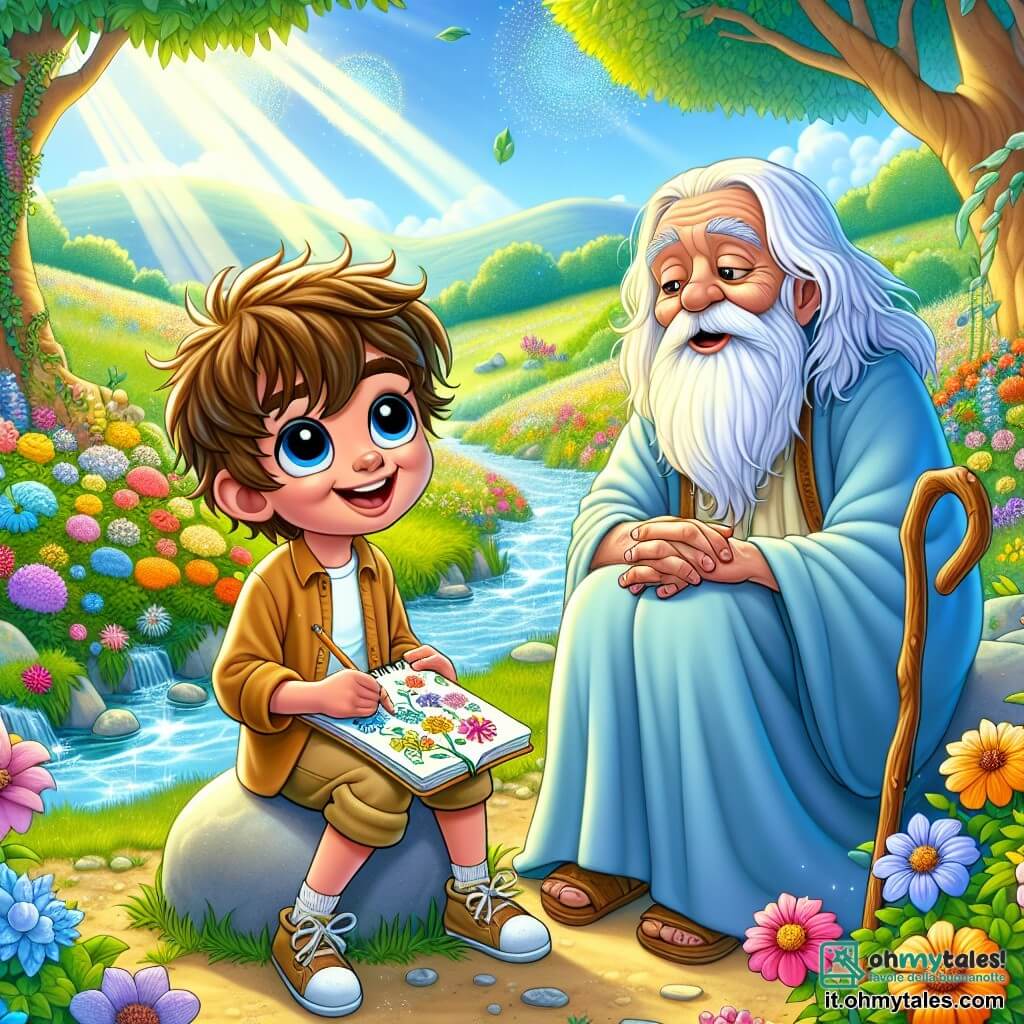 Un ragazzo di 8 anni di nome Leo, con i capelli castani arruffati e grandi occhi brillanti, è seduto su una pietra accanto a un ruscello scintillante. Sorride curiosamente, tenendo un piccolo quaderno in cui disegna fiori colorati. Accanto a lui c'è un uomo anziano, il Saggio, con una lunga barba bianca e un mantello blu che brilla come il cielo. È seduto pacificamente, guardando Leo con benevolenza, mentre tiene un bastone da passeggio decorato con motivi naturali. Il luogo è un giardino incantevole, pieno di fiori vivaci di tutti i colori, circondato da colline verdi e alberi maestosi. Il sole splende dolcemente, creando un'atmosfera calda e accogliente. La scena principale mostra Leo mentre fa domande al Saggio, discutendo delle emozioni e dei giardini interiori, simboleggiando la ricerca di saggezza e comprensione in un mondo colorato e magico.