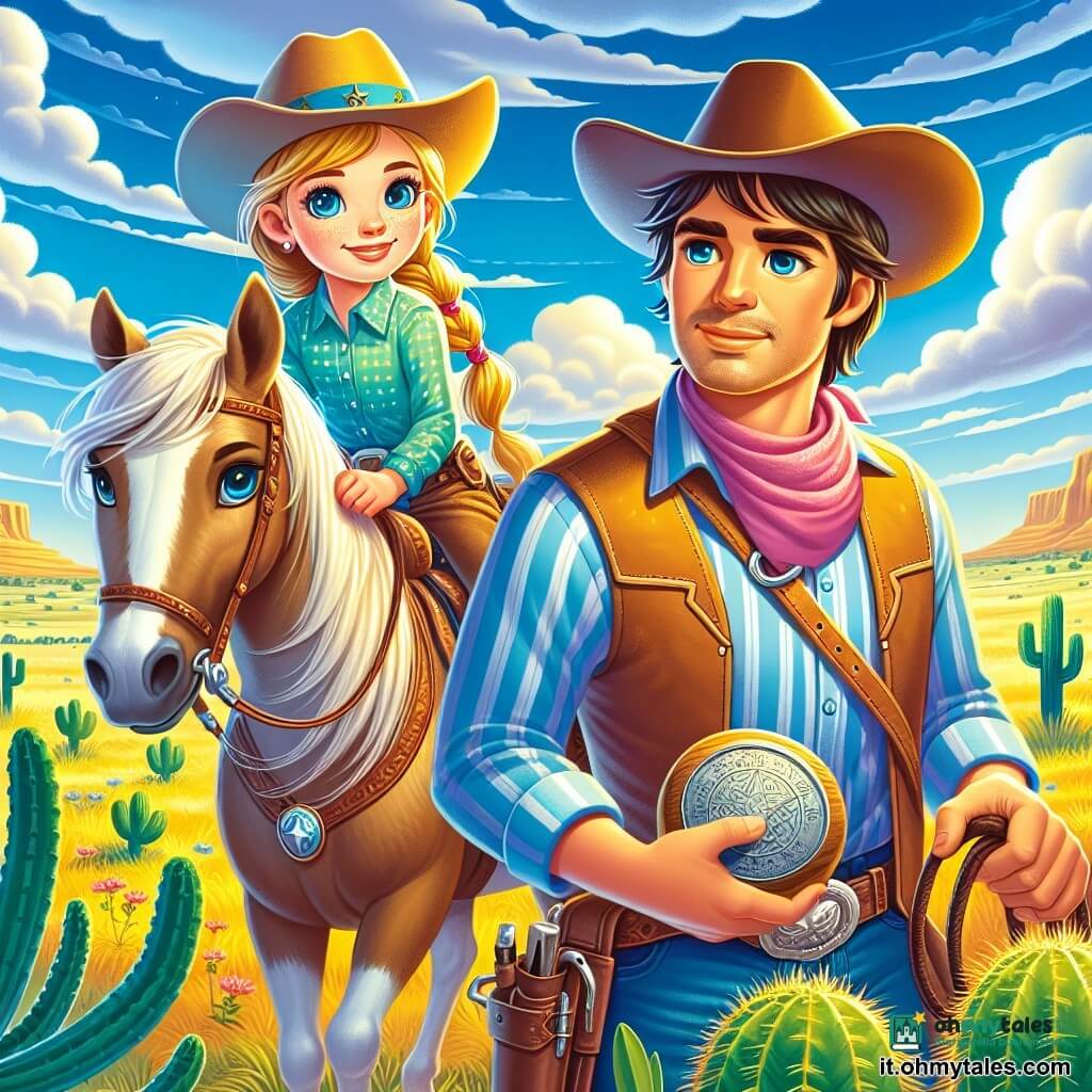 Un giovane cowboy, Tommy, un ragazzo di 10 anni con capelli biondi e occhi azzurri scintillanti, è fiero sul suo cavallo, Fulmine. Sorride determinato, pronto ad affrontare l'avventura. Accanto a lui, Marina, una donna robusta di circa 30 anni con capelli castani e una camicia a righe colorate, tiene un mappamondo di legno, concentrata ed entusiasta. Il paesaggio è una vasta prateria del Texas, con colline dorate all'orizzonte e cactus sparsi. Il cielo è di un blu brillante, punteggiato da nuvole bianche. La scena mostra Tommy e Marina mentre scoprono una misteriosa pietra piatta con un simbolo inciso, in un campo di aloe verde, mentre cercano indizi per provare l'innocenza dei prigionieri.