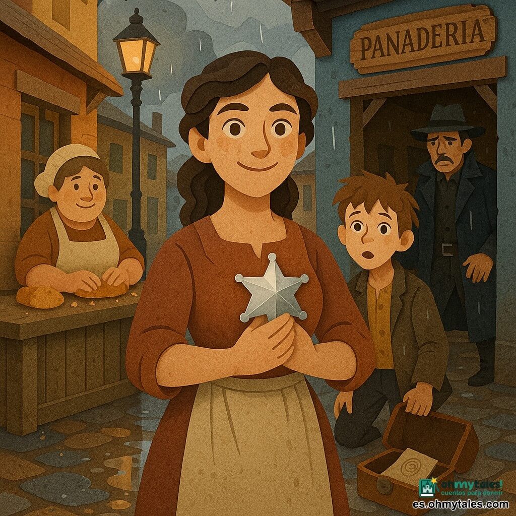 Mujer adulta (Clara, ~25–30 años), rostro decidido y dulce, ojos vivos, manos con tierra, sostiene orgullosa una estrella de sheriff metálica brillante contra el pecho; niño (Tom, ~11–12 años) con expresión asombrada y empapada, cabello despeinado, sostiene una pequeña cartera y se sitúa detrás a la derecha; mujer mayor (Maribel, ~55–60 años) de figura redondeada, manos enharinadas, mirada benigna, a la izquierda junto a un mostrador de panadería de madera; hombre (Sheriff Danton, ~40–45 años) sorprendido y apenado, abrigo oscuro goteando lluvia, retrocede hacia la sombra de un pórtico; plaza del pueblo mojada tras la lluvia con adoquines embarrados, charcos reflectantes, fachadas de madera en ocre, ladrillo y azul desteñido, farol de aceite encendido y un letrero de madera tallada “Panadería”; composición centrada en Clara en tres cuartos con secundarios en semicírculo, estilo de papel recortado con capas y texturas visibles y bordes algo rasgados; colores contrastados: tonos cálidos para los habitantes (marrones, óxidos, amarillos) y fríos para el cielo (gris-azul), brillo metálico de la estrella como punto focal luminoso; ambiente de victoria serena y justicia restablecida, detalles nítidos (gotas de agua, migas de pan en el mostrador, una pequeña sacola abierta con sello bancario en el suelo).