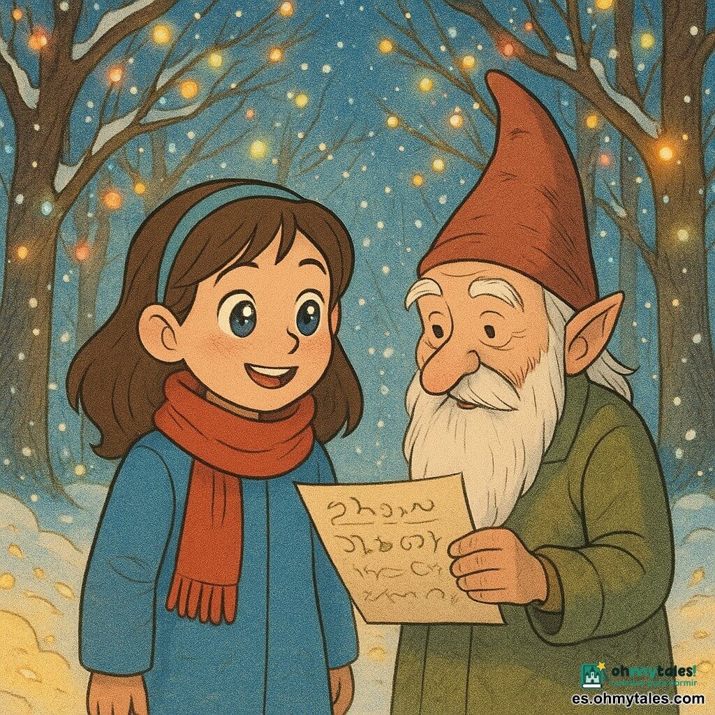 Una niña de 8 años, llamada Sofía, con ojos brillantes como el cielo estrellado y una bufanda roja, está de pie en un claro de bosque nevado, con una sonrisa maravillada en el rostro. Un viejo duende, con barba blanca y un sombrero puntiagudo, está a su lado, hablándole con una expresión sabia y amable. El duende está ligeramente inclinado hacia Sofía, mostrando un papel con palabras misteriosas. A su alrededor, el suelo está cubierto de nieve dorada y las ramas de los árboles brillan con luces de colores, creando una atmósfera mágica y de ensueño. La escena principal muestra a Sofía descubriendo el mensaje del duende, rodeada del resplandor encantador del paisaje invernal.